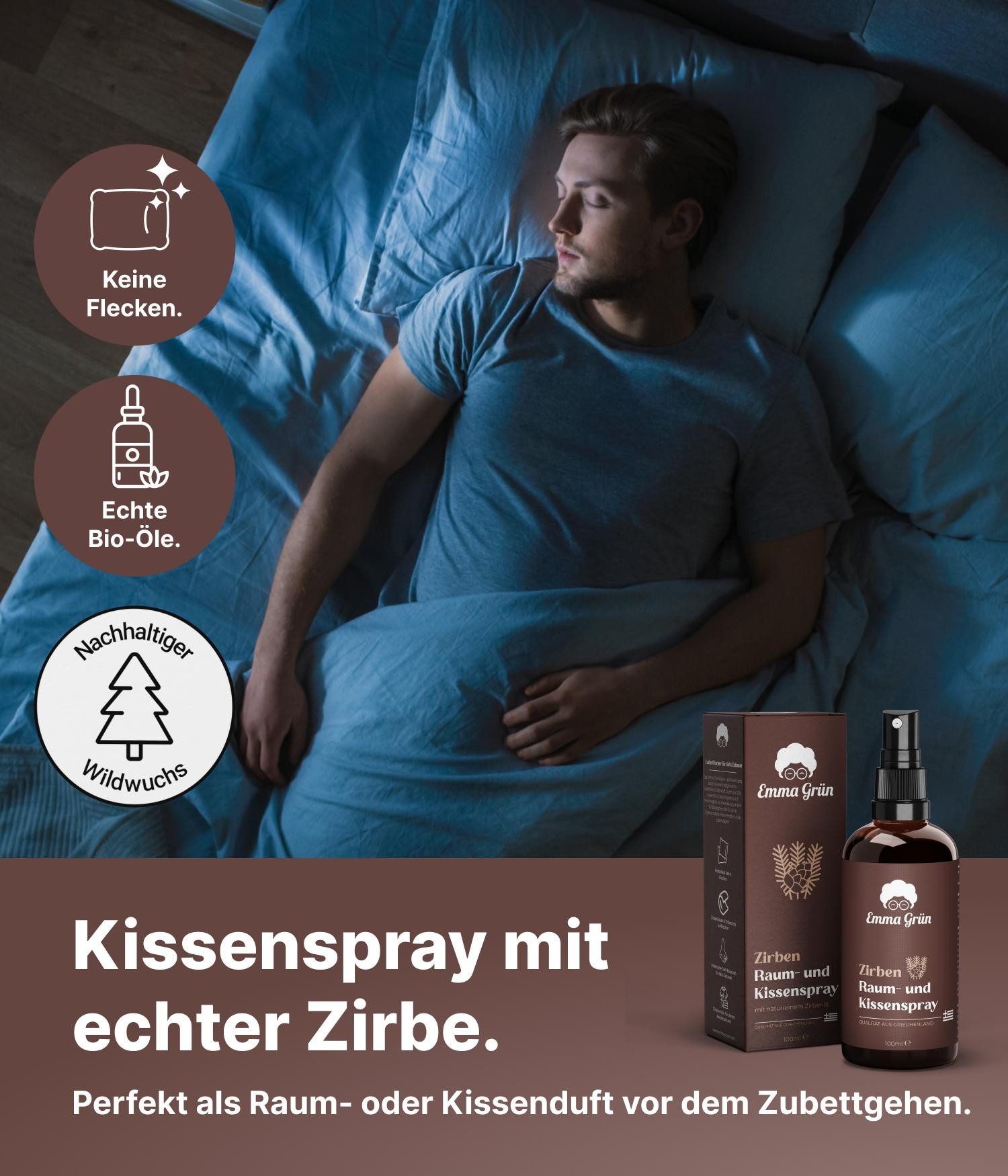 Emma Grün Duftöl Zirbe, Raum- & Kissenspray 100ml, natürlicher Duft (Set, Je nach Auswahl: 1x, 2x oder 5x Raumspray Zirbe 100 ml), Höchste Wildwuchs-Qualität, natürlicher Duft ohne Zusätze