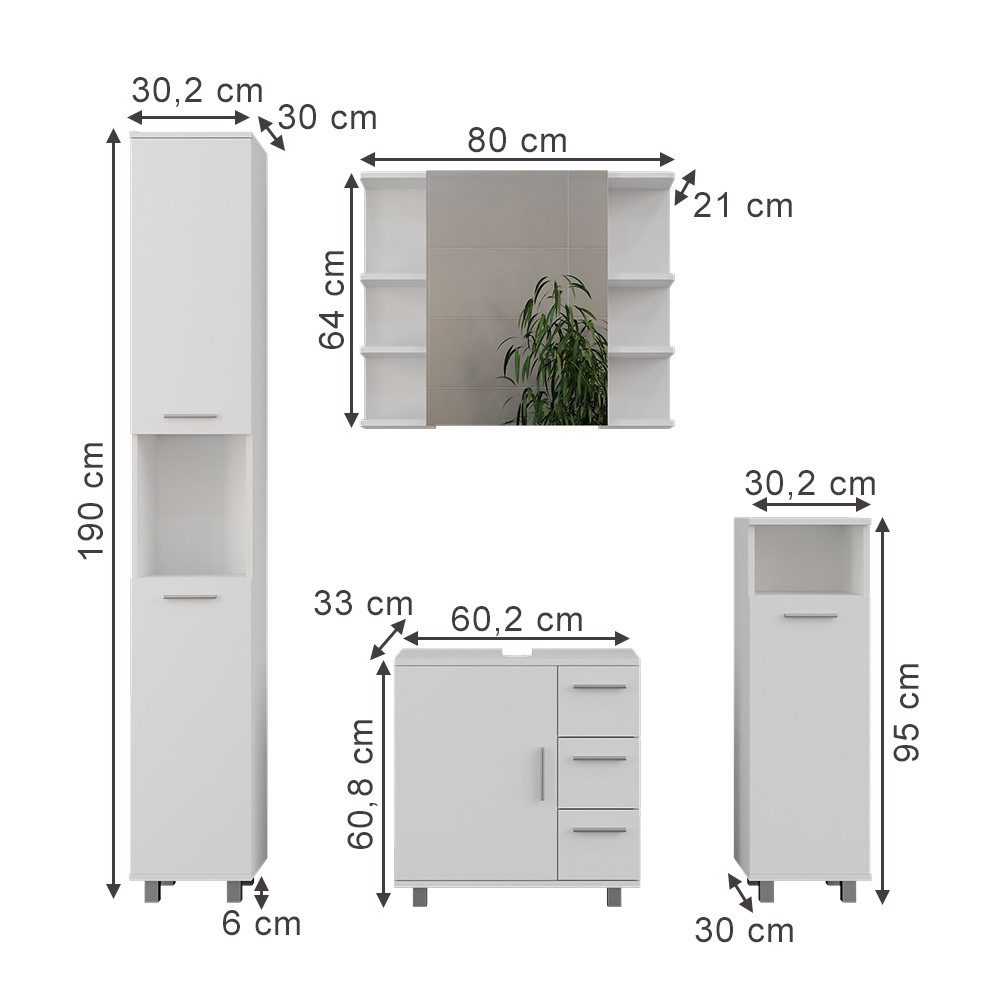 Vicco Badmöbel-Set Ilias, Weiß, 4 Teile, (4-St., 4er Set)