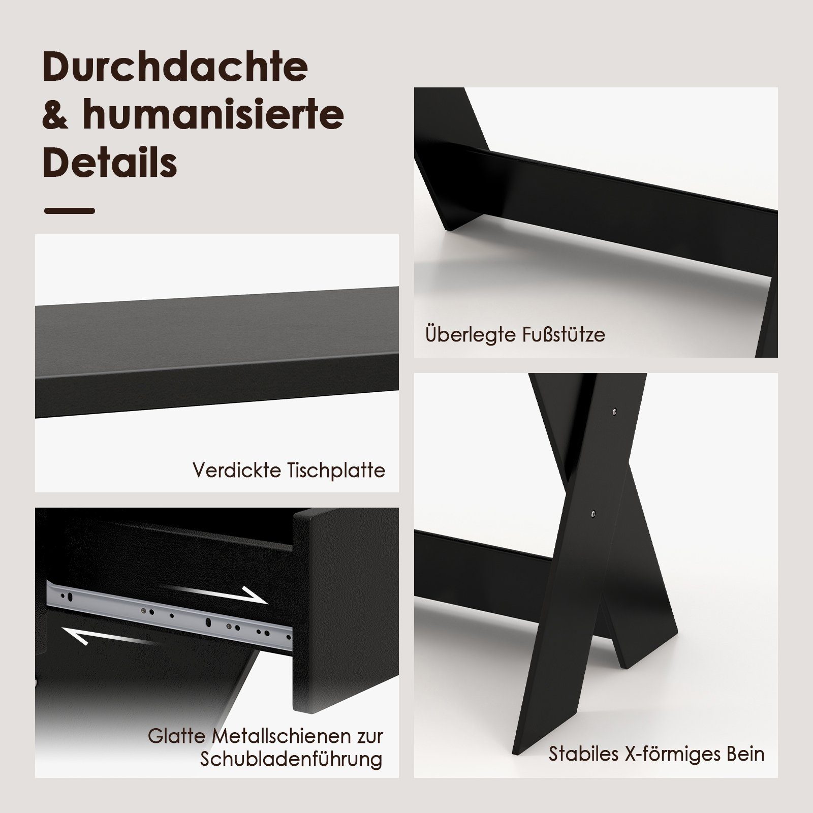 Schwarz COSTWAY 90x61x94cm Computertisch, & Schublade mit Monitorerhöhung, Holz,