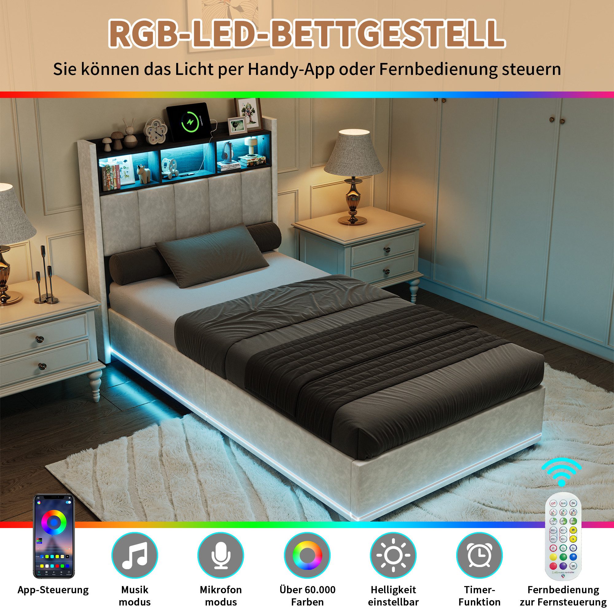 Furnishings Home Polsterbett 90x200 cm, LED Stauraumbett Jugendbett (1-tlg., Samtmaterial, Komforthöhe, Leises Design Bett), Mit Ladefunktion und Bettkasten LED – Bild 3 von 5