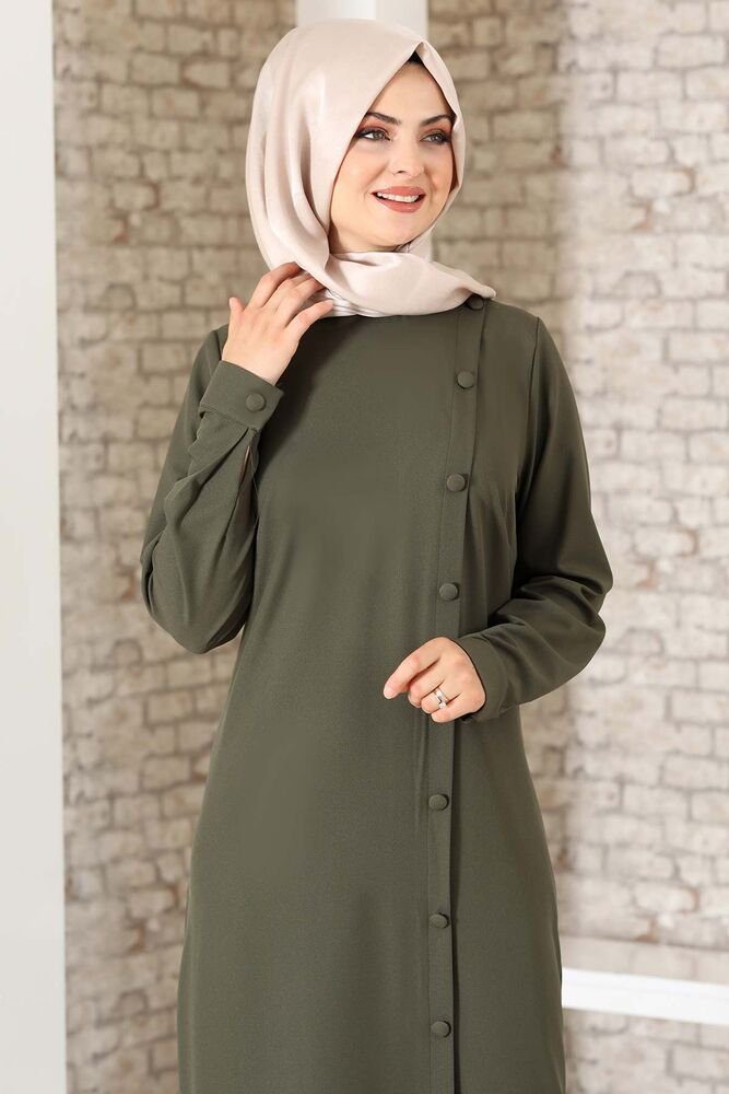 Modavitrini Abendkleid mit aus Kreppstoff Hijab Khaki Modest Hemdblusenkleid Abaya Knöpfen Fashion Kleid