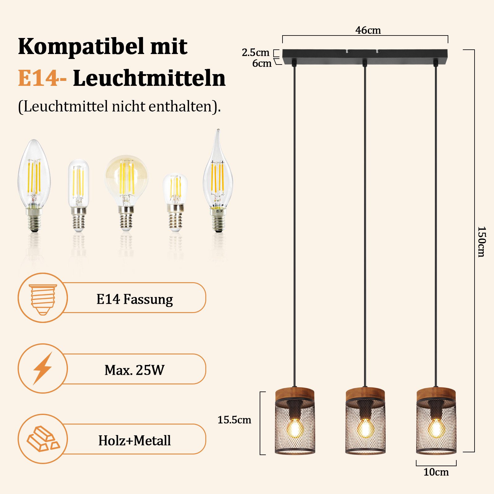 ZMH Pendelleuchte E14 Schwarz Holz Vintage 1/3/4 Flamming Retro Esstischlampe für Küche, ohne Leuchtmittel, Vintage Hängelampe 1 Flammig mit Gitter Lampenschirm