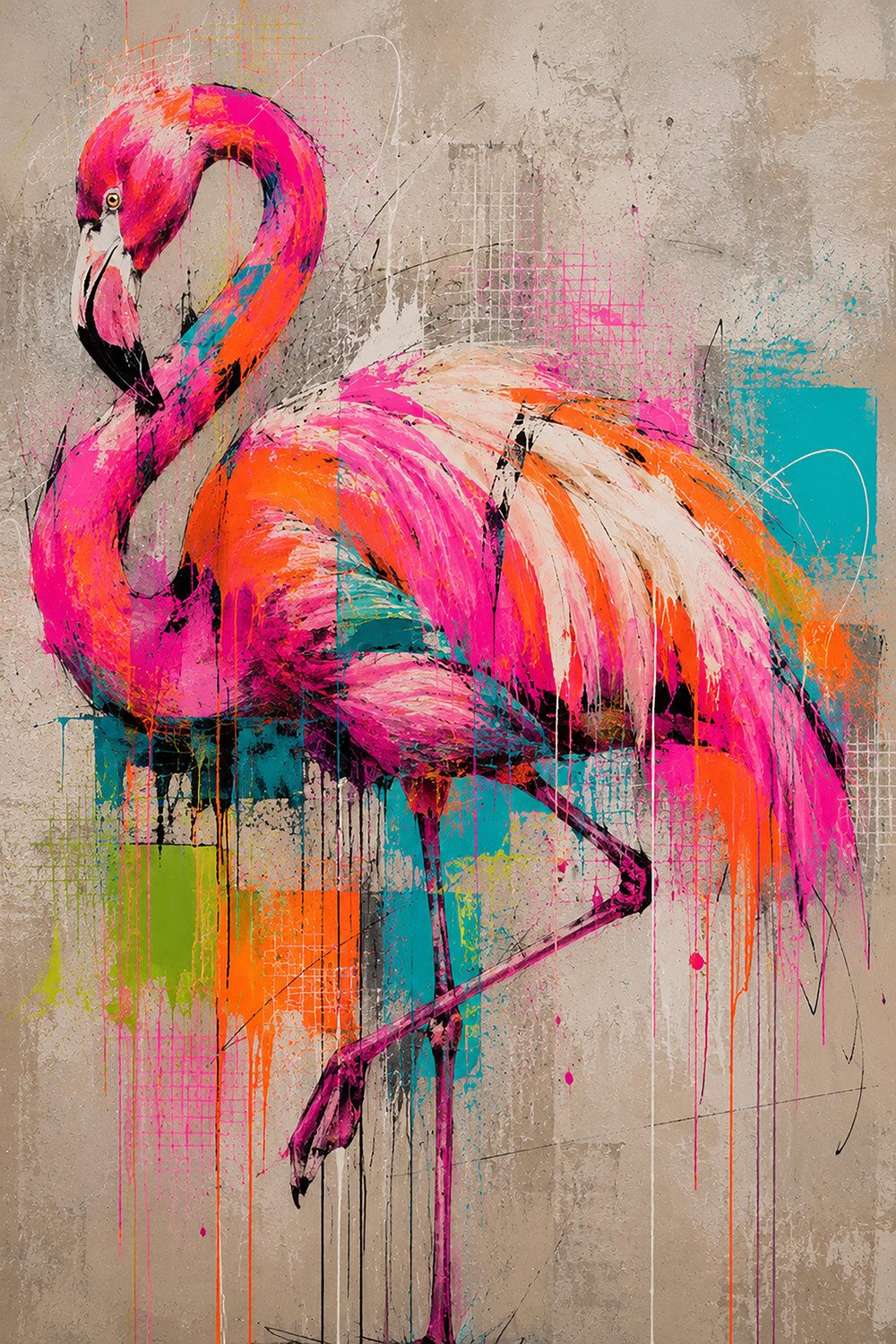 queence Acrylglasbild Urban Art Bunter Flamingo, Abstrakt, Flamingos, Tiere (1 St), Wandbild Wohnzimmerdeko buntes Tiermotiv Abstrakte Kunst