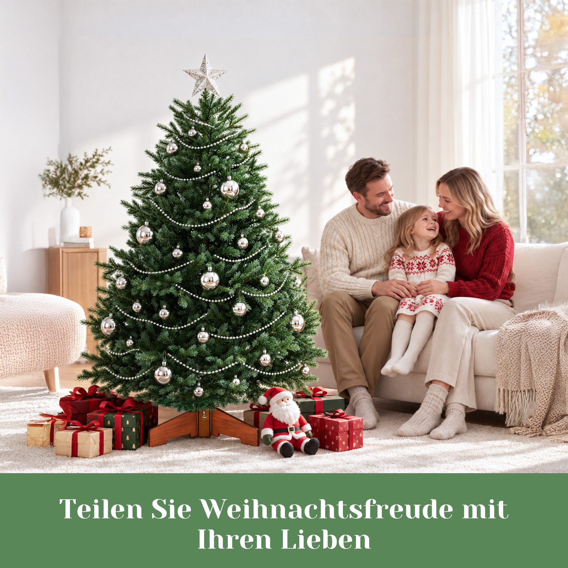 USOKYO Künstlicher Weihnachtsbaum 100 % PE [1,2m/1,8 m/2,1 m] - Naturgetreue Nordmanntanne, Tannenbaum, Premium Weihnachtsbaum mit Holzständer, Klappsystem & la – Bild 5 von 5