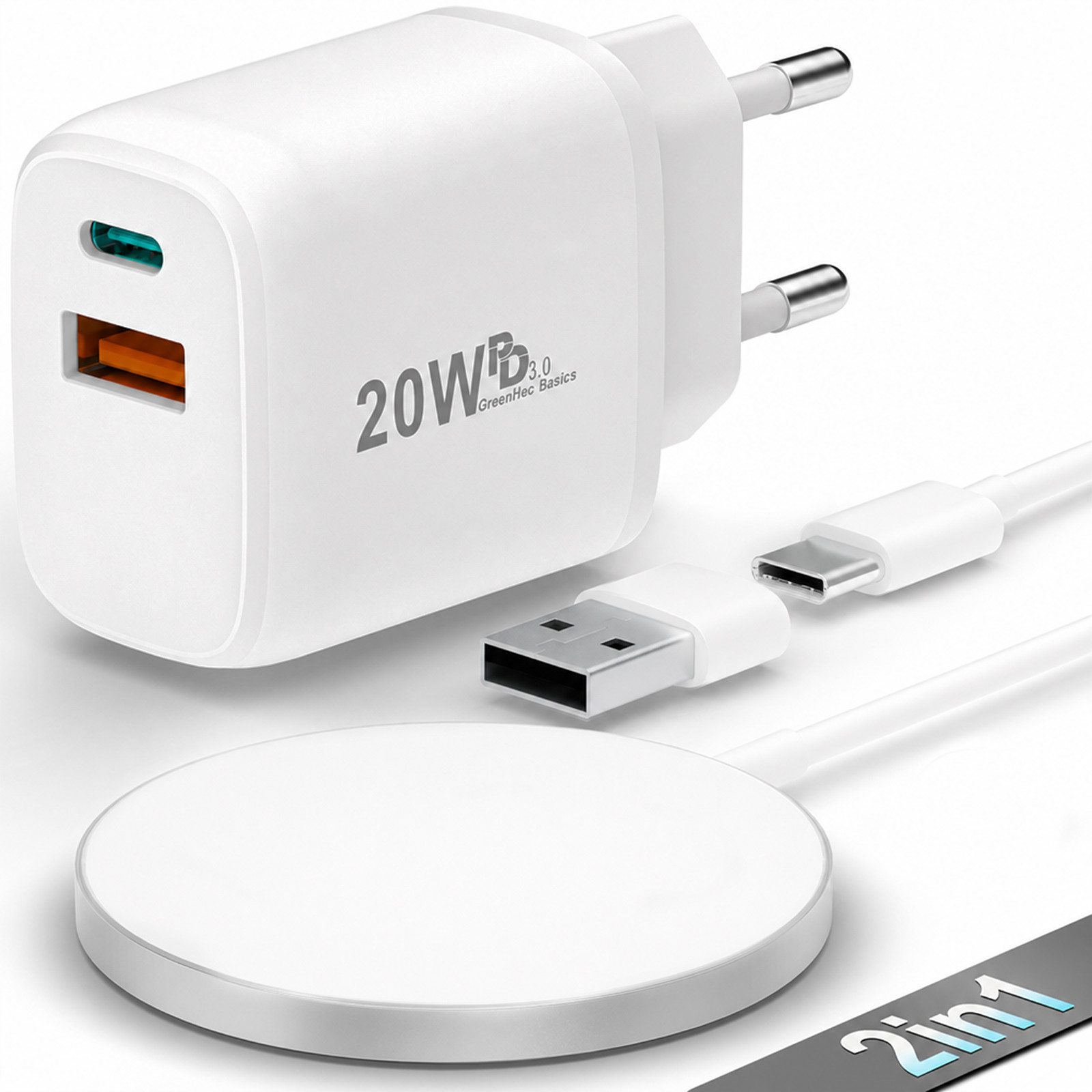 GreenHec MagSafe Ladegerät Wireless Charger Induktive Ladestation Kabellose 15w Wireless Charger (5,00 mA, Set, Magnetic MagPad + USB-A Adapter, iPhone 18 17 16 15 14 13 Pro Max Kontaktloses Kabellos Laden Induktion)