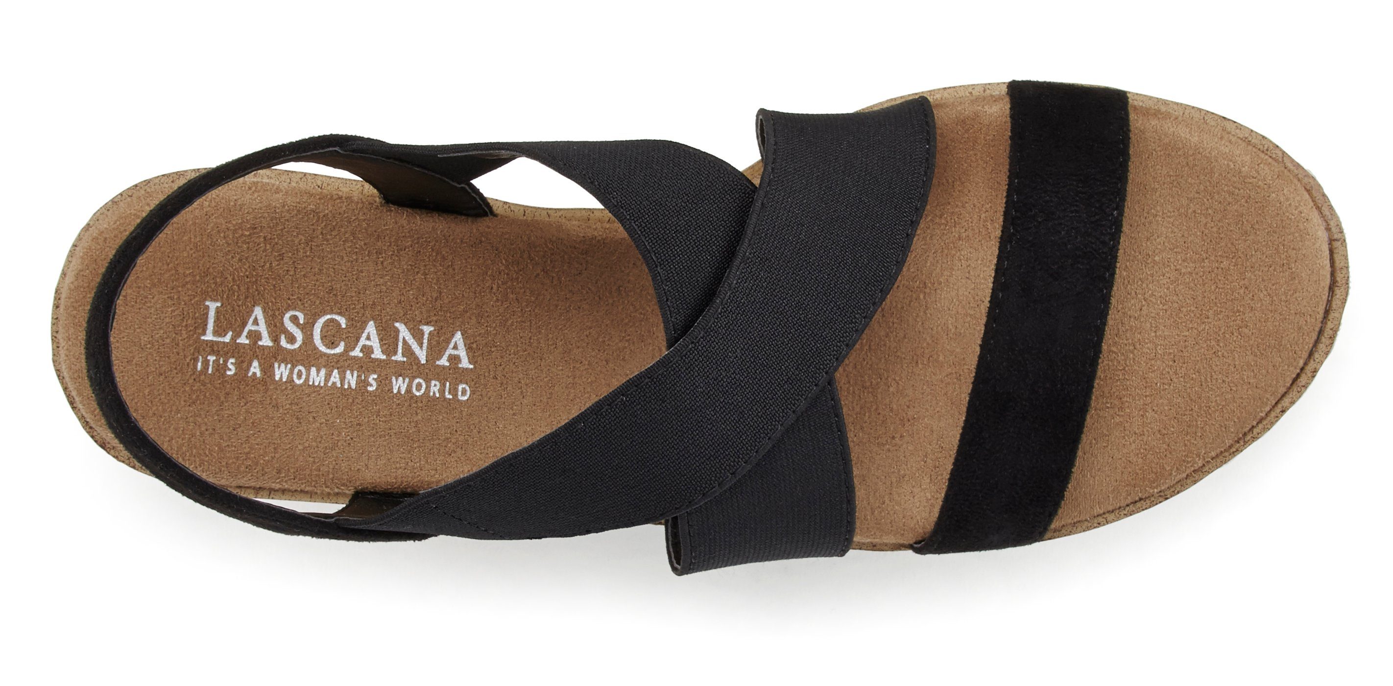 elastischen und schwarz Sandalette VEGAN Sommerschuh mit Riemen Sandale, Keilabsatz LASCANA