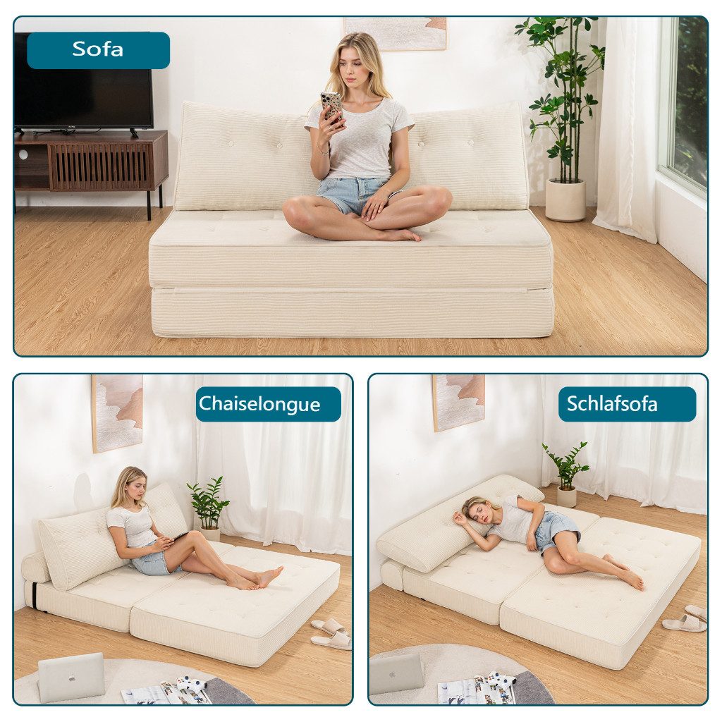 MECO Schlafsofa 3-in-1 umwandelbarer Klappsofa Bett Schlafsessel mit Kissen, 2 Sitzer Bodensofa Schlafcouch 150×80x36 cm