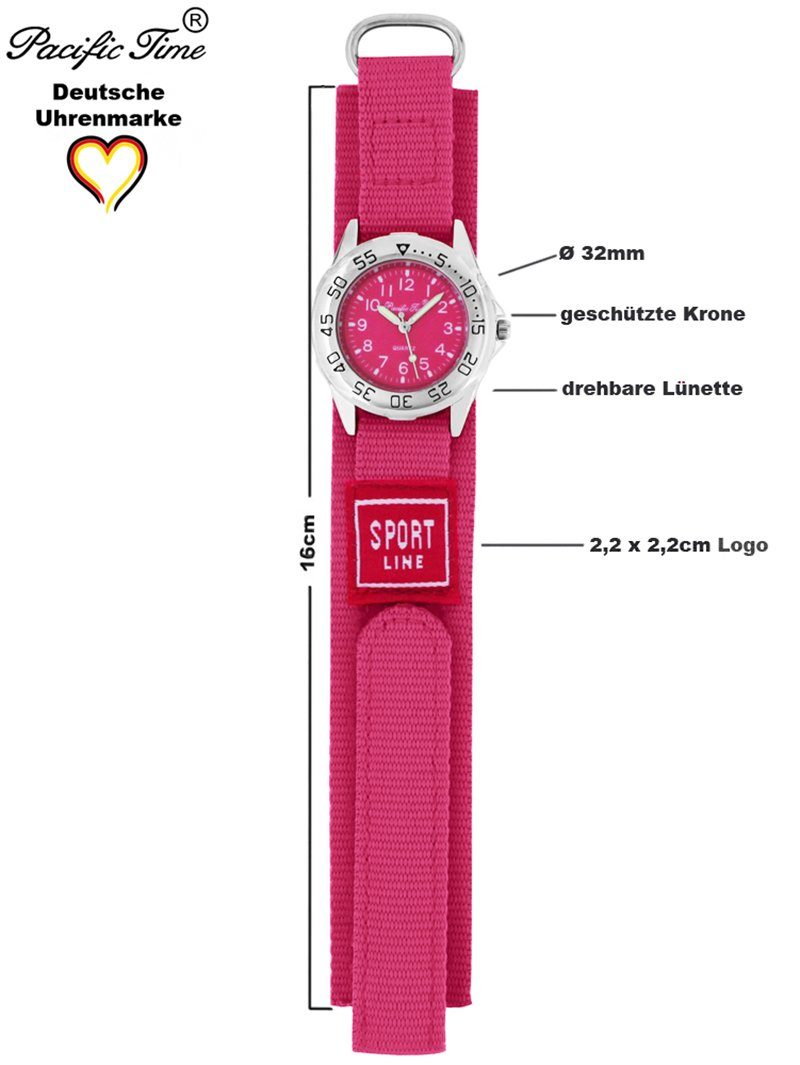 Pacific Time Kinder Armbanduhr Versand schwarz Stoffarmband rosa Klettverschluß, Quarzuhr Gratis Sport