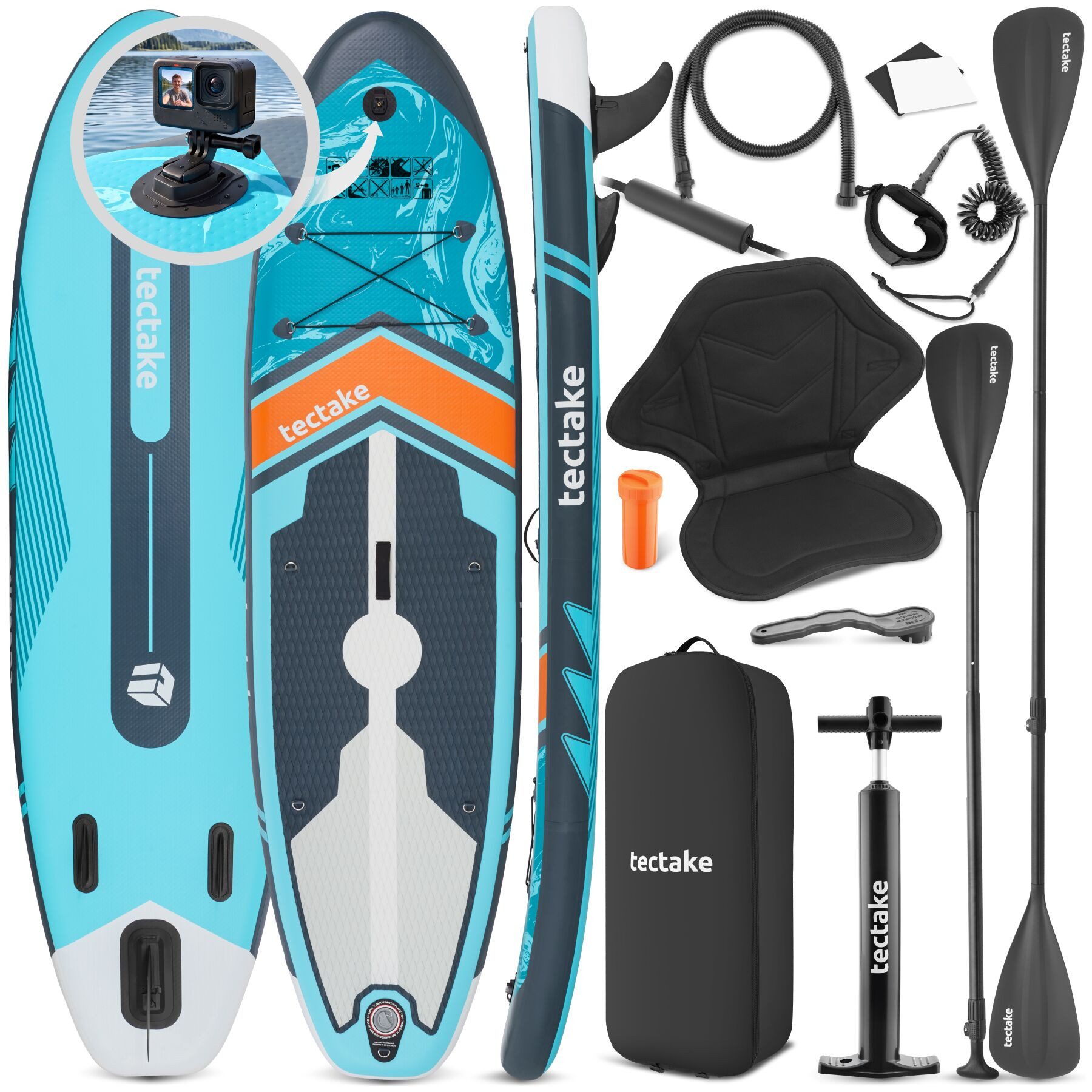 tectake SUP-Board Aufblasbares Paddleboard mit Kamerahalterung, Kajak-Sitz, 200 kg, Stand-up Paddle, (Sup Board Set Palagios, in Türkis/orange), Rutschfestes Deck, inkl. verstellbarem Doppelpaddel und Rucksack