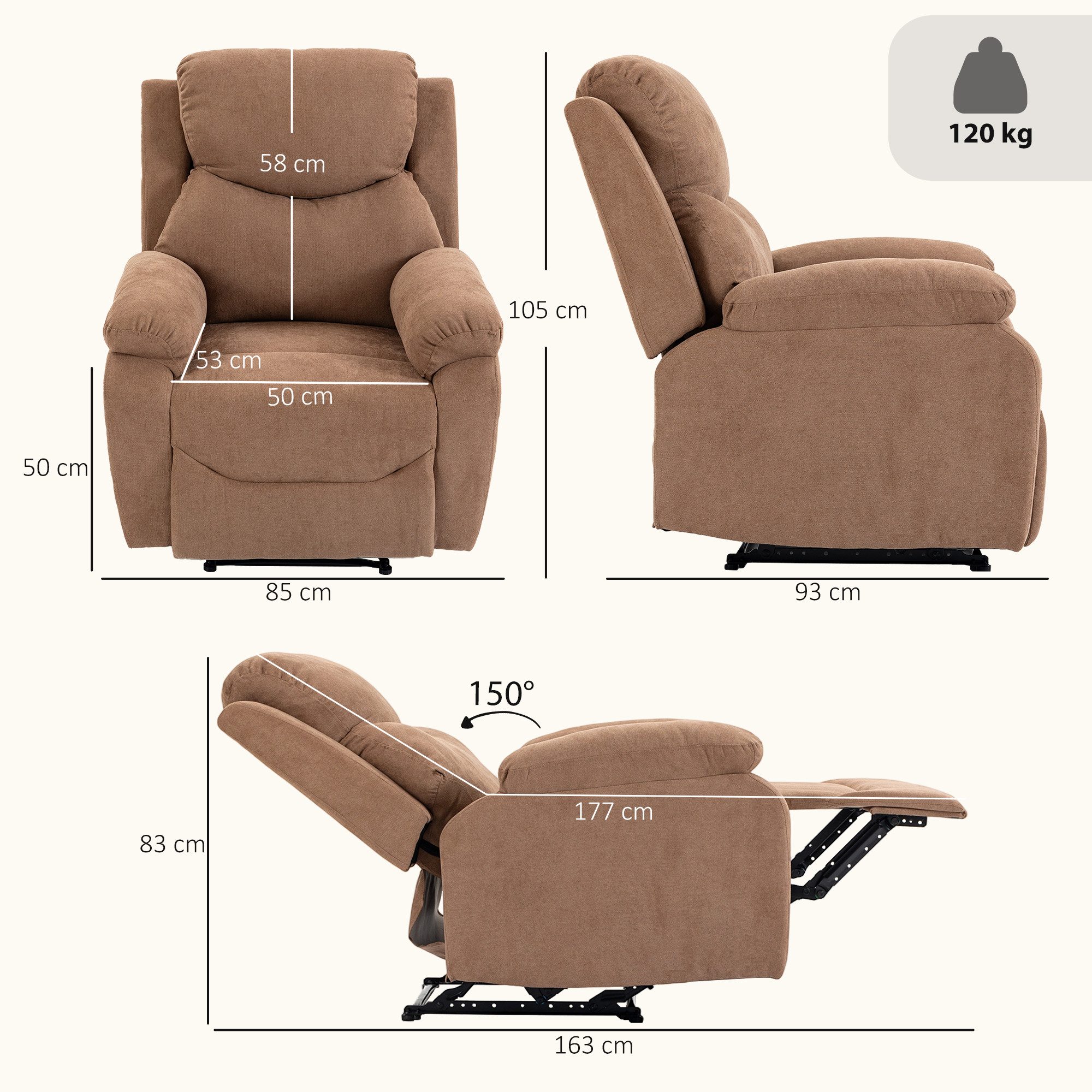 HOMCOM Relaxsessel Fernsehsessel TV Sessel mit Liegefunktion (Ruhesessel, 1-St., Liegesessel), Kompakt, 150° Liegefunktion, Taschenfederkern – Bild 3 von 5
