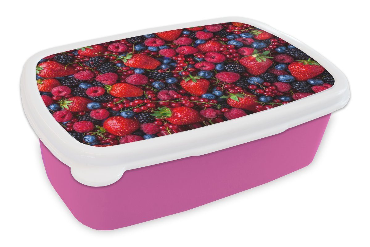 MuchoWow Lunchbox Obst - - Kinder, Mädchen, Erdbeere, Kunststoff rosa Kunststoff, Snackbox, Erwachsene, Wald (2-tlg), Brotdose Brotbox für