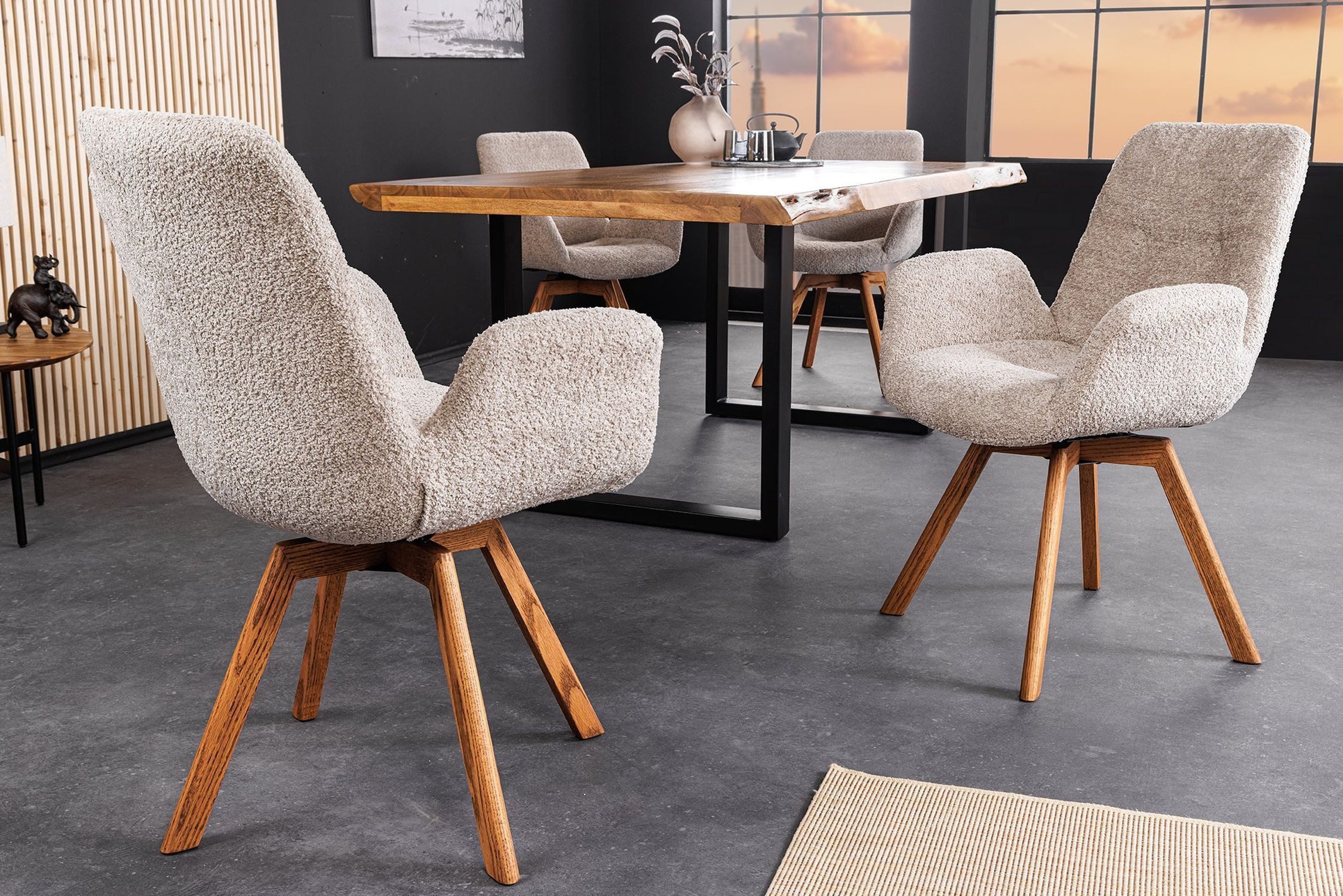 Licht-Erlebnisse Drehstuhl KARITA, Bouclé Holz in Beige Natur Skandinavisch Armlehnstuhl KARITA