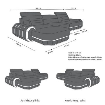 Sofa Dreams Ecksofa Sofa Ledersofa Roma L Form Leder Sofa Ledercouch, Couch, mit LED, wahlweise mit Bettfunktion als Schlafsofa, Designersofa
