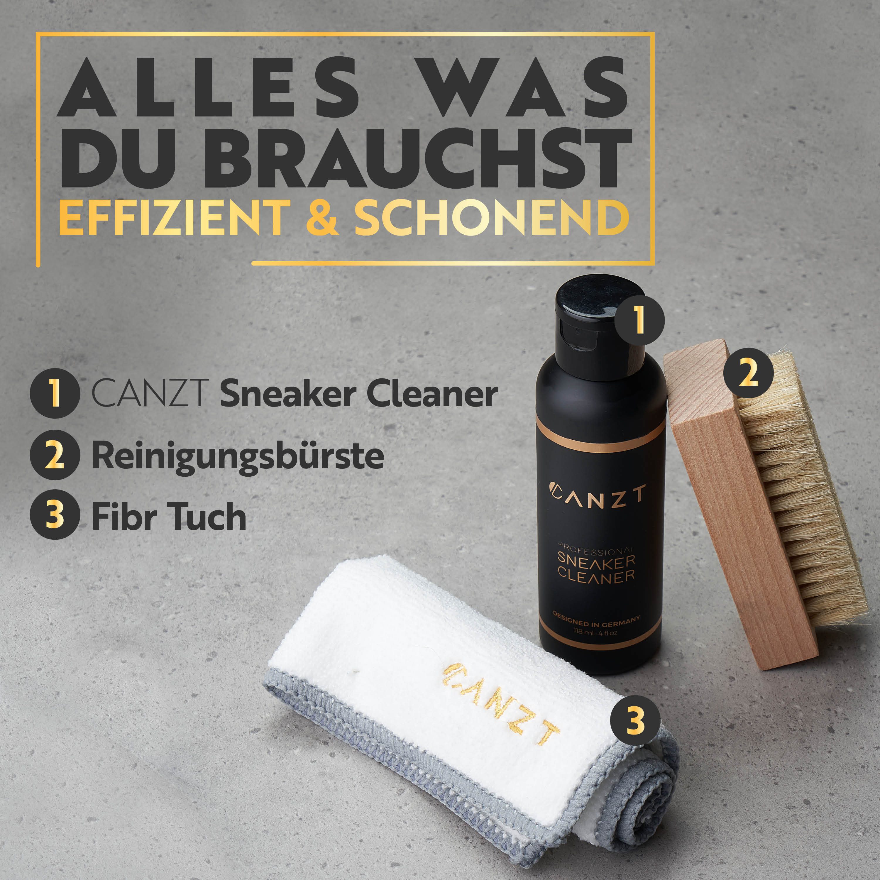 Canzt Sneaker Reiniger Set – Schuhputzset für Wildleder, Nubuk & Stoff Schuhreiniger (Set, [- Enthält 118 ml Sneaker Cleaner, Schuhbürste und Mikrofasertuch. Entfernt Schmutz von Wildleder, Nubuk, Suede, Mesh, Stoff und Leder)