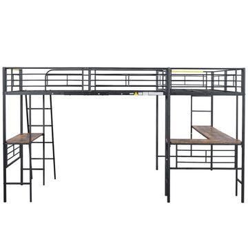 DOPWii Bett 90*200cm Hochbett,zwei Etagenbetten,Tisch unter dem Bett,Doppeltreppe, Kombiniertes Bett,Bett-Tisch-Kombination,Hohes Geländer,Weiß/Schwarz