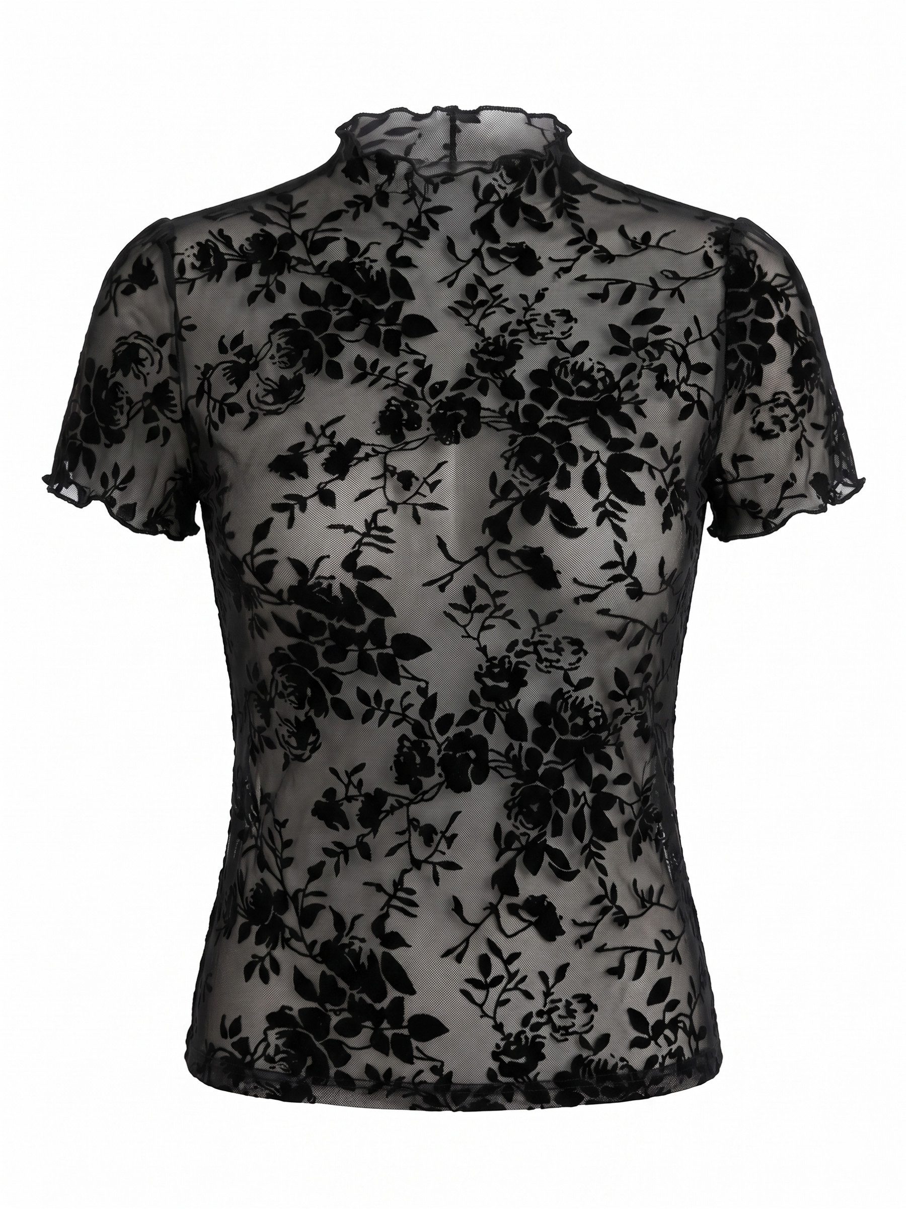 Elegant Love Spitzenshirt Damen transparentes Shirt - florales Kurzarmshirt mit Flockprint Spitzen-Oberteil - Top mit Stehkragen und floralem Muster