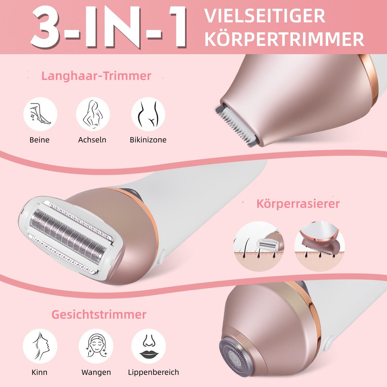 Scttomon Elektrokörperrasierer HT-583, Aufsätze: 1, Körperhaartrimmer, Epilierer, Gesichtstrimmer, 3 IN 1, Wet&Dry, EasyClean