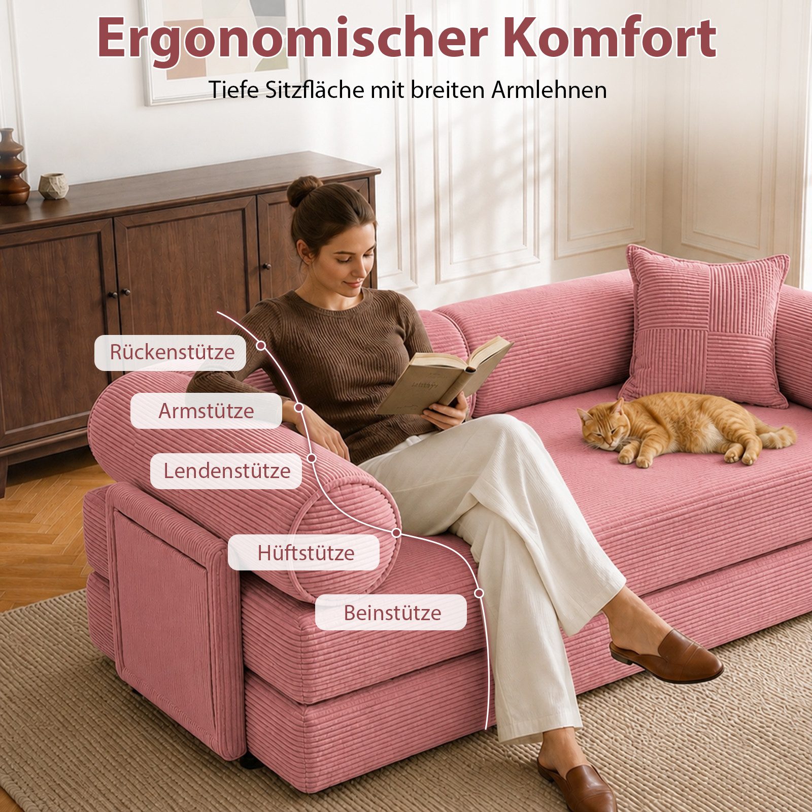 Hoolamyie Sofa 6-in-1 Cord Schlafsofa mit Schlaffunktion, 200 cm breit, 2-Sitzer, Modulares Sofa, ohne Montage, komprimiert verpackt, bis 200 kg – Bild 3 von 5