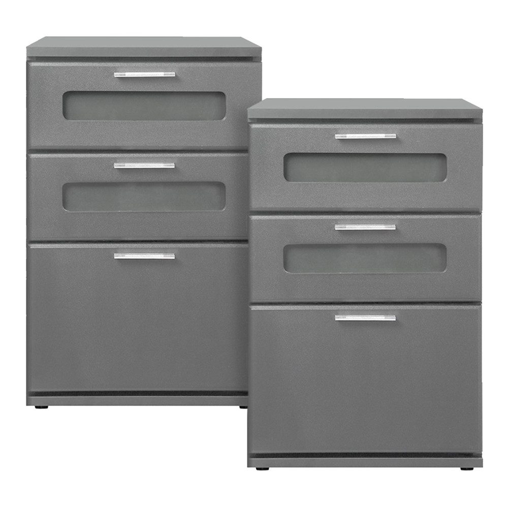 ML-DESIGN Nachttisch Nachtkommode mit 3 Schubladen aus Holz, oberste mit Glaseinsatz (2-St), Nachtschrank Kommode Boxspringbett Grau für Schlafzimmer oder Büro