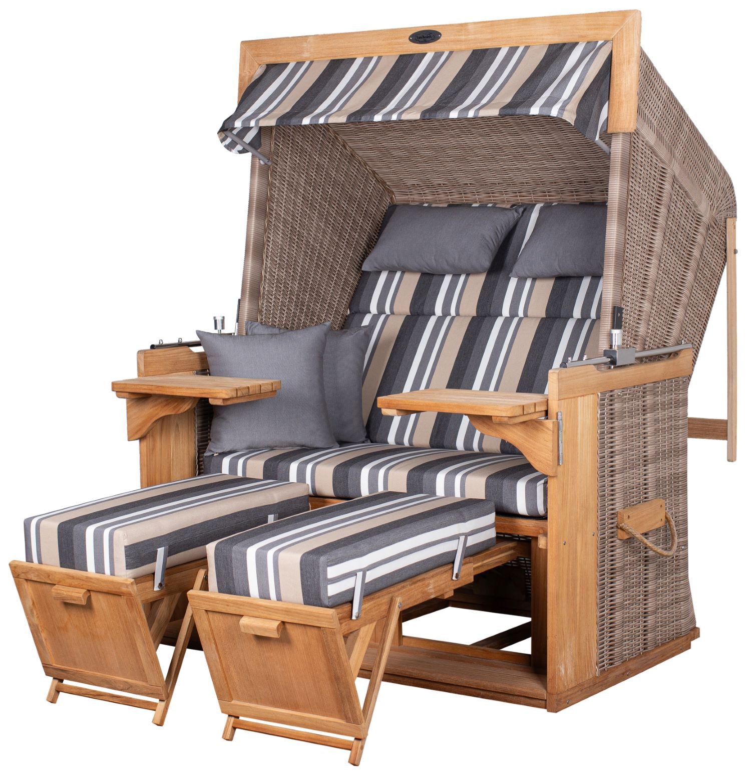 deVries PURE® Strandkorb Friesland Sylt XL - PE white kubu - Dessin 158, BxTxH: 135x90x165 cm, Volllieger, Nordsee-Strandkorb, Teakholz - PE-Markengeflecht - bequeme Polster - Schutzhaube