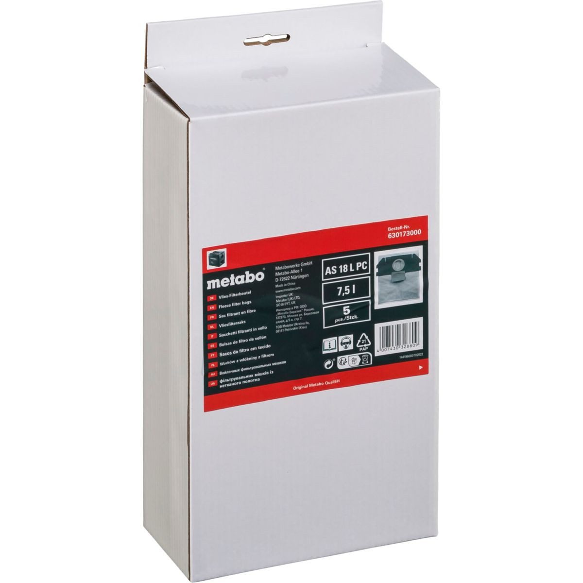 metabo 5 Vlies-Filterbeutel 7,5l - AS 18 L PC Objektivzubehör