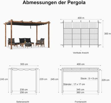 PURPLE LEAF Pergola Garten Pavillon aus Aluminium mit Schiebedach, Pergola 300 x 400 cm Holzoptik,Wasserdicht, stabil und kältebeständig