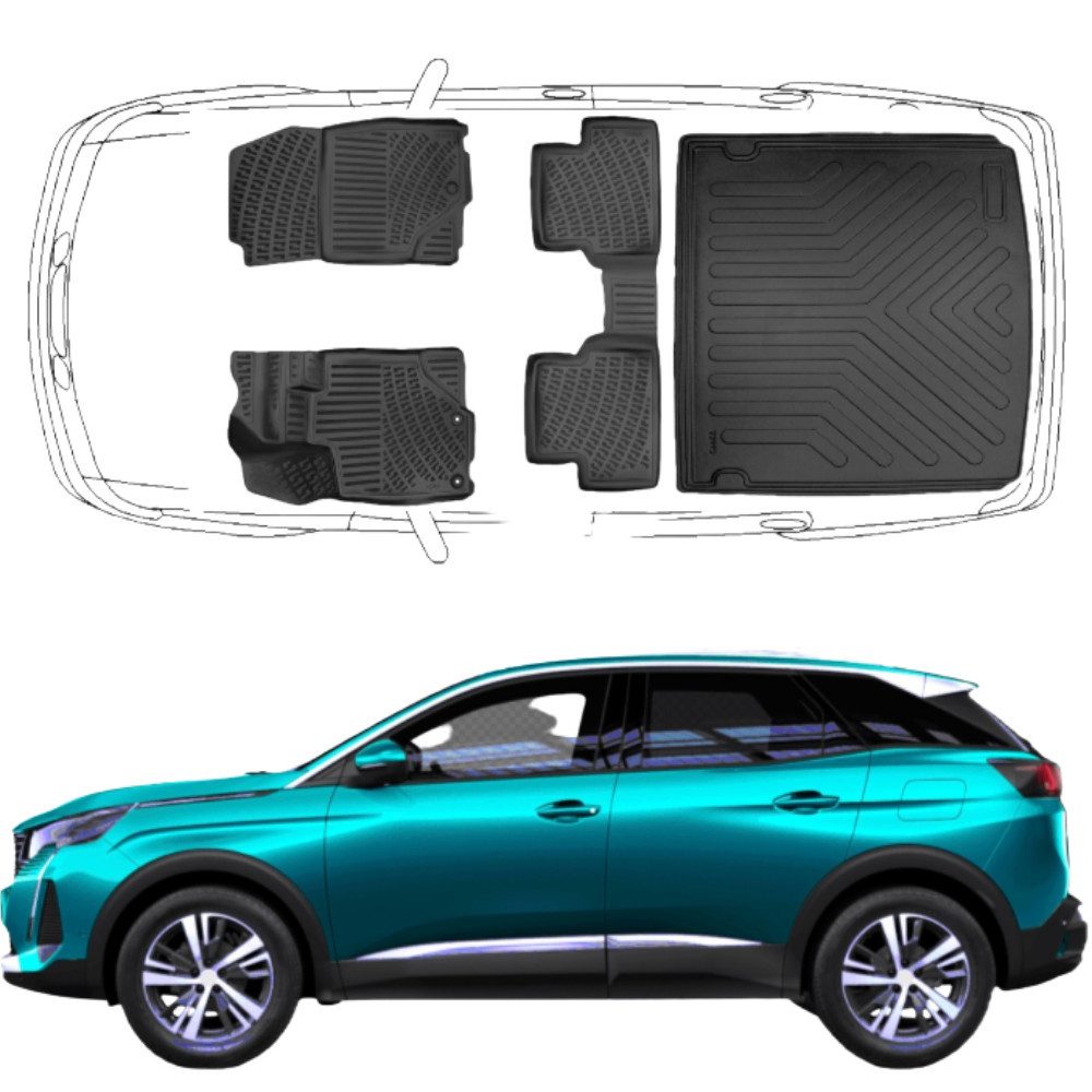 Trimak Passform-Fußmatten Oder Kofferraumwanne Oder Set kompatibel mit Peugeot 3008, Peugeot 3008 Hybrid ab 2024 Gummimatten Auto & Obere Kofferraummatte