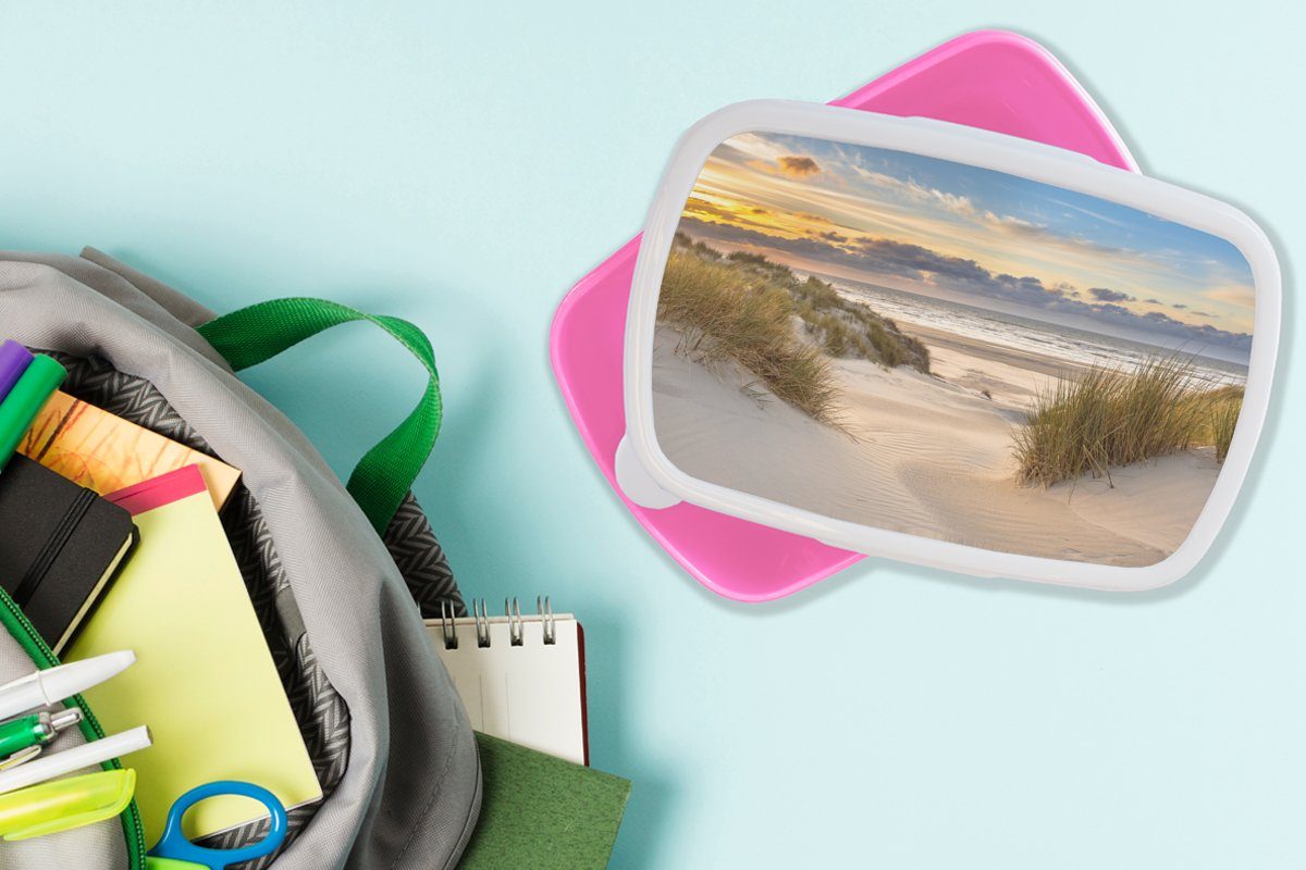 (2-tlg), Brotdose - Kinder, Erwachsene, - Mädchen, Gras Lunchbox Sonnenuntergang Strand rosa Snackbox, für Meer, Kunststoff - - Brotbox MuchoWow Kunststoff, Düne