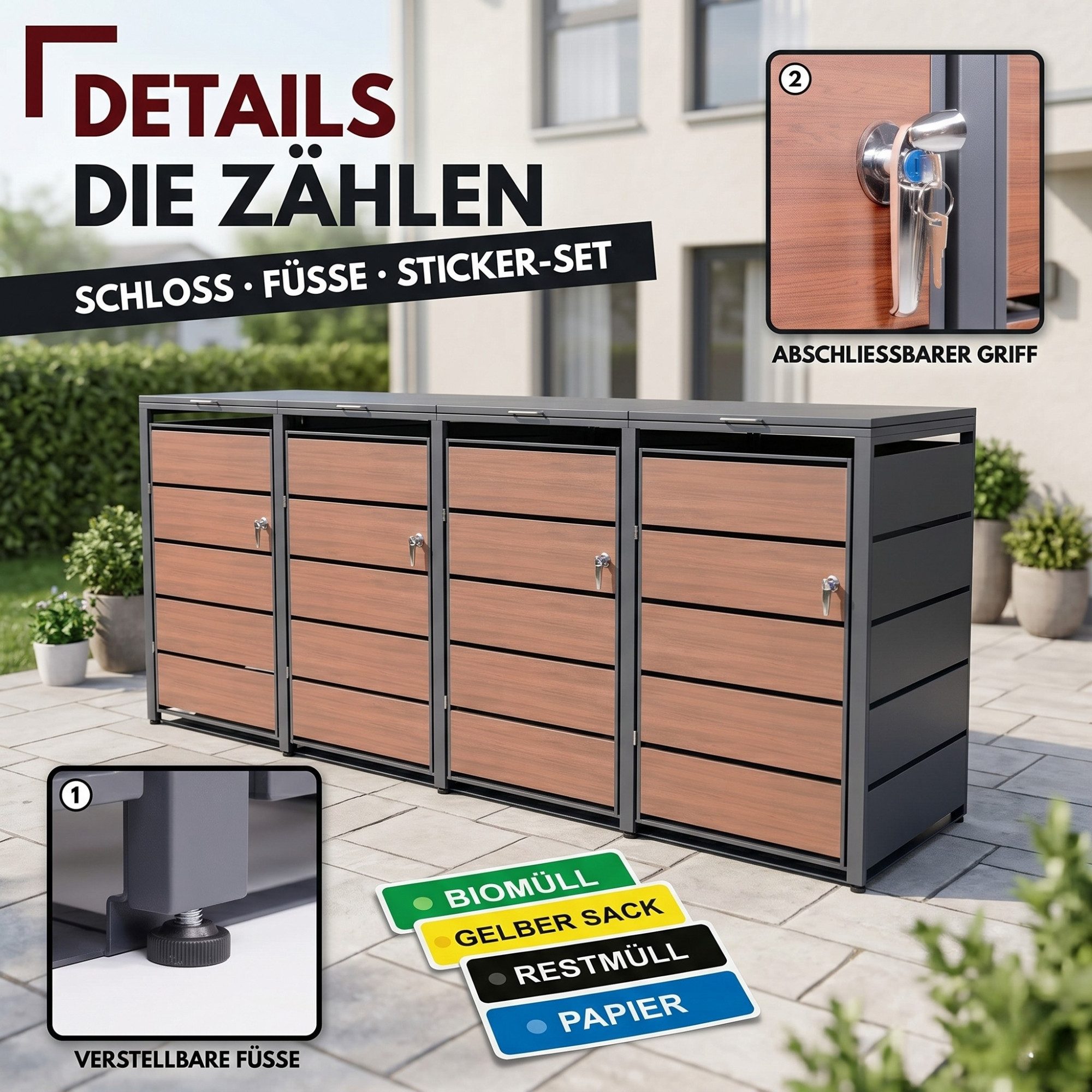 Albatros International Mülltonnenbox Mülltonnenbox 4er Holzdekor, 120L bis 240L – Bild 4 von 5