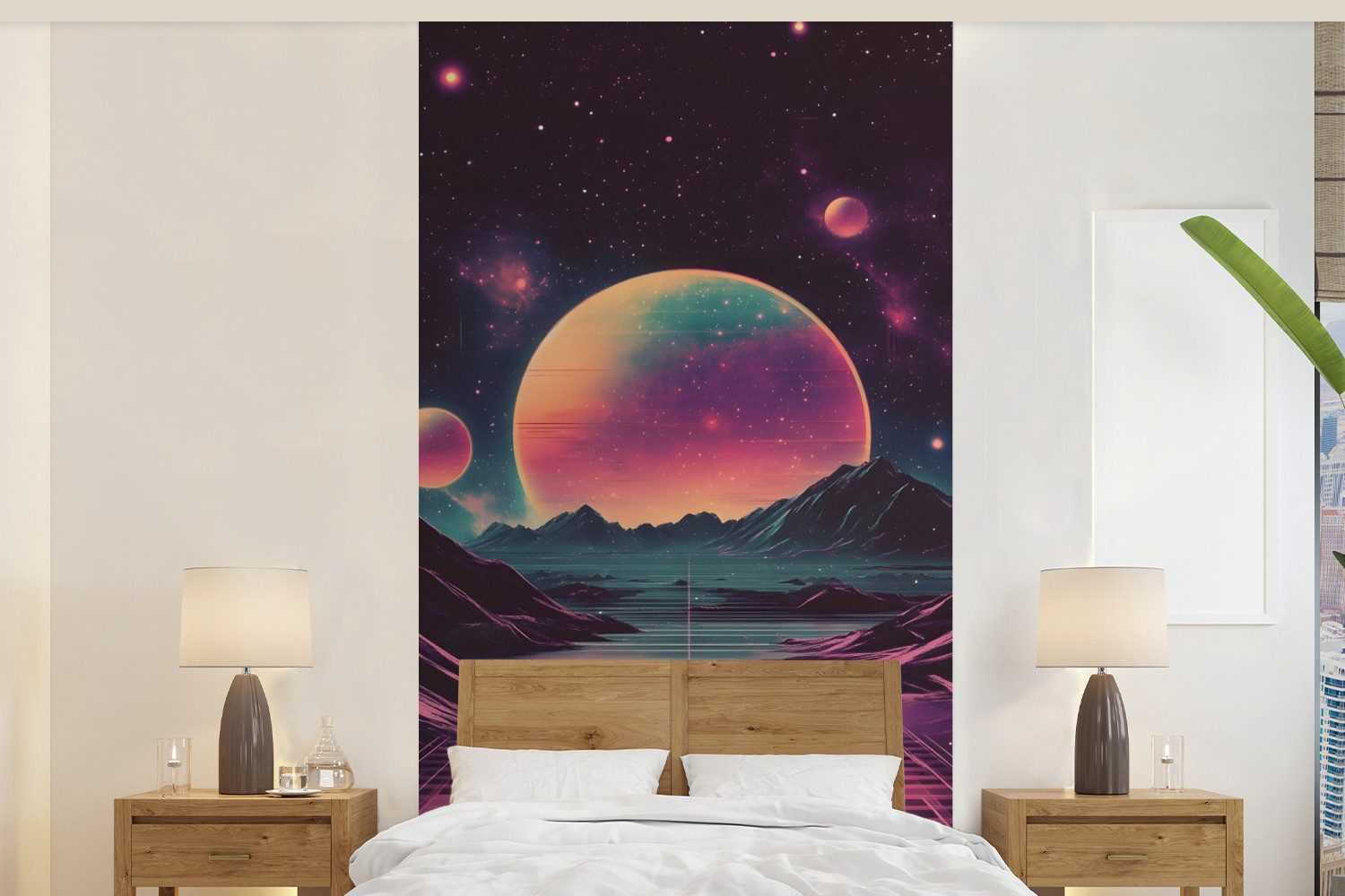MuchoWow Fototapete Landschaft - Planeten - Horizont - Violett, Matt, bedruckt, Vliestapete für Wohnzimmer Schlafzimmer Küche, Fototapete, 120x240 cm