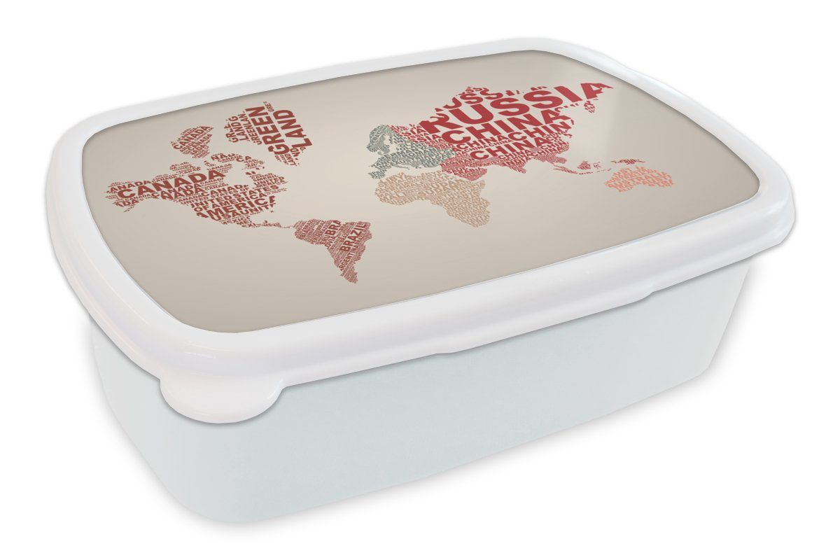 MuchoWow Lunchbox Weltkarte - Buchstaben - Farben, Kunststoff, (2-tlg), Brotbox für Kinder und Erwachsene, Brotdose, für Jungs und Mädchen weiß