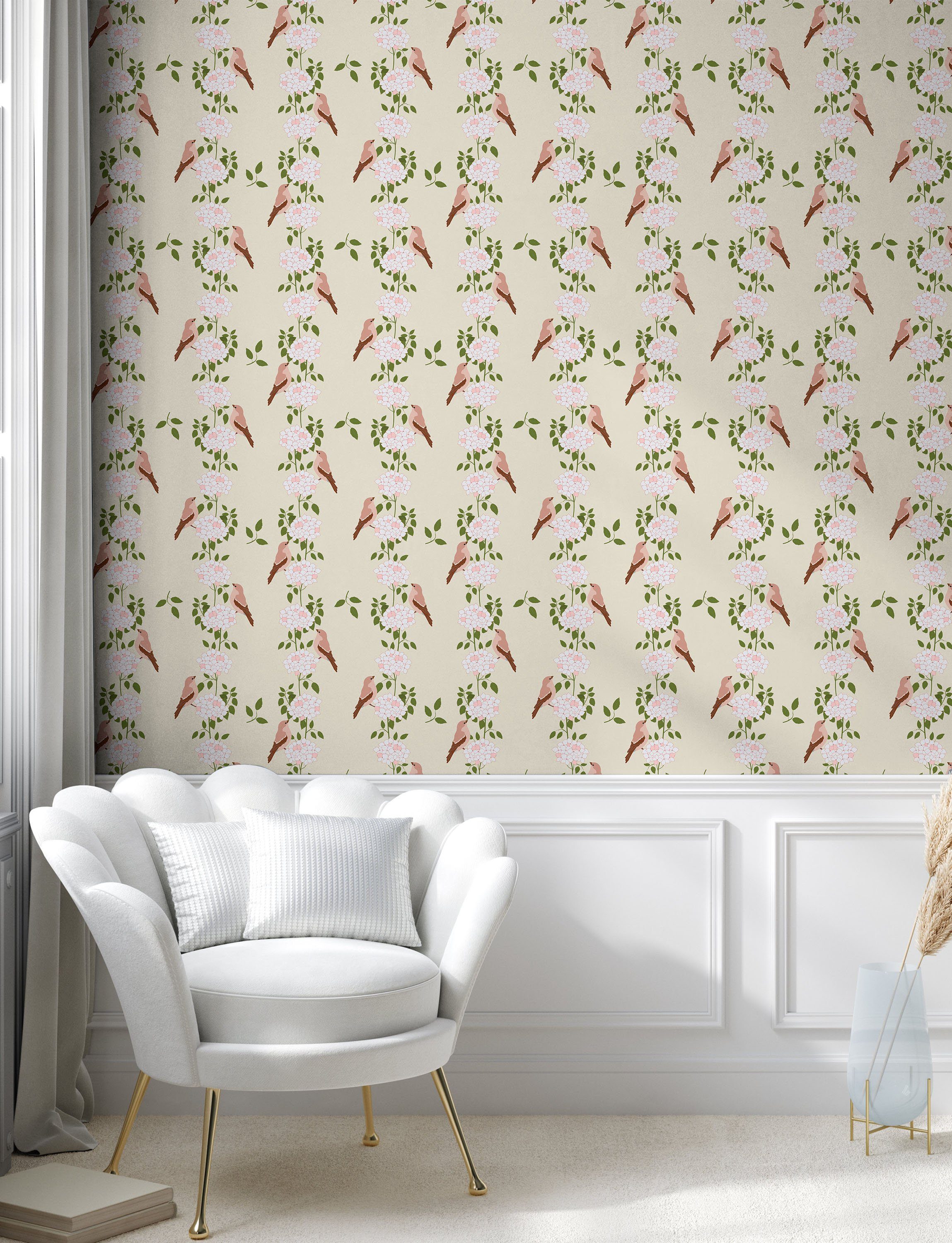 Abakuhaus Vinyltapete selbstklebendes Wohnzimmer Botanisch und Küchenakzent, Hortensia Vogel-Streifen