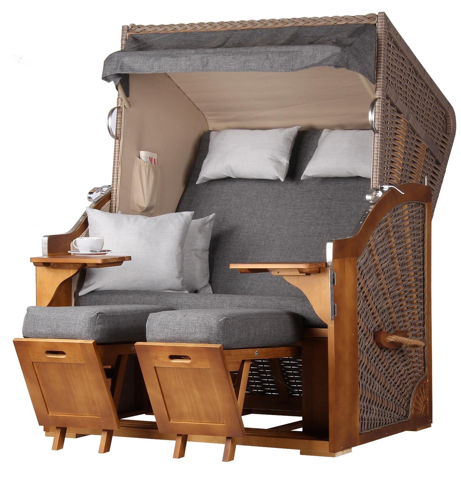 bene living Strandkorb Schleswig Pinie 2-Sitzer - PE mokka - Modell 558, BxTxH: 120x80x160 cm, Volllieger, Ostsee-Strandkorb Komplettset