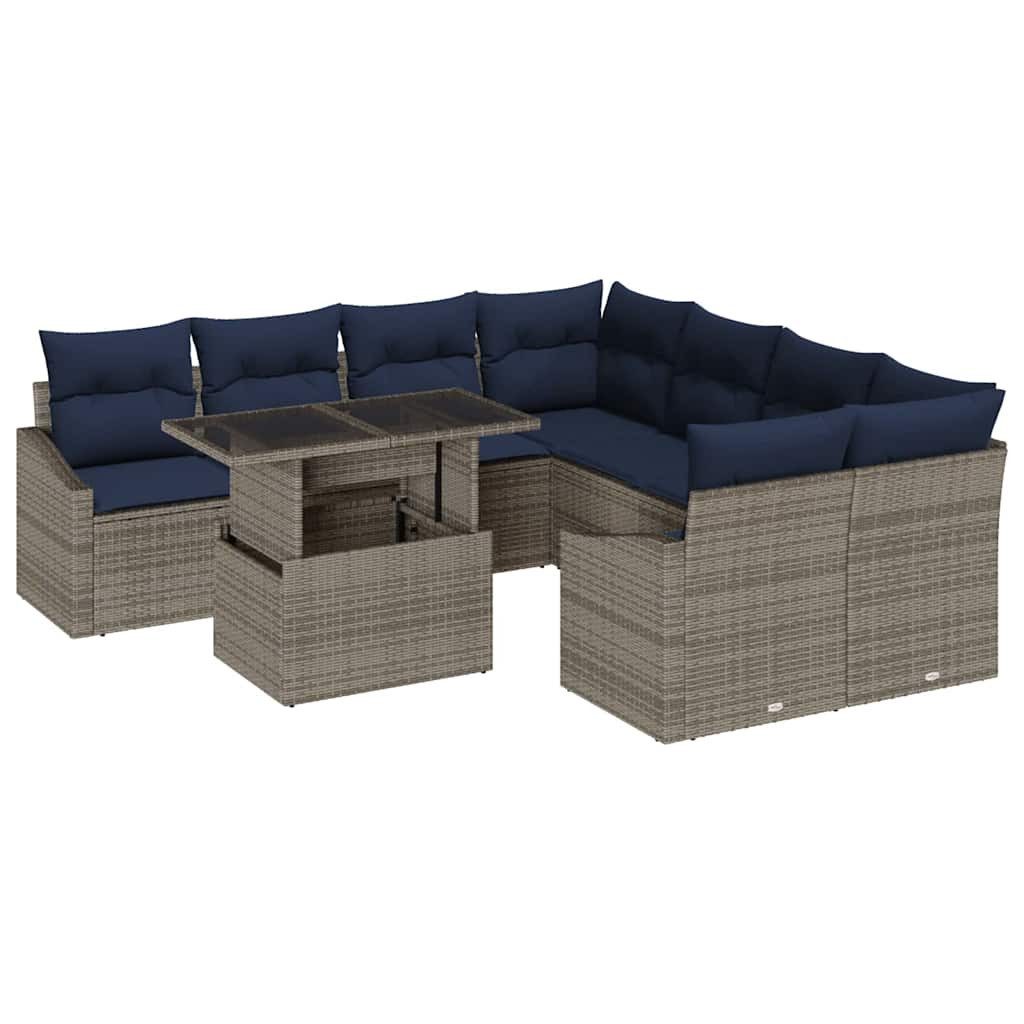 vidaXL Gartenlounge-Set Garten-Sofa-Set mit Kissen mit Speicher 9 pcs Grau Poly-Rattan, (9-tlg)