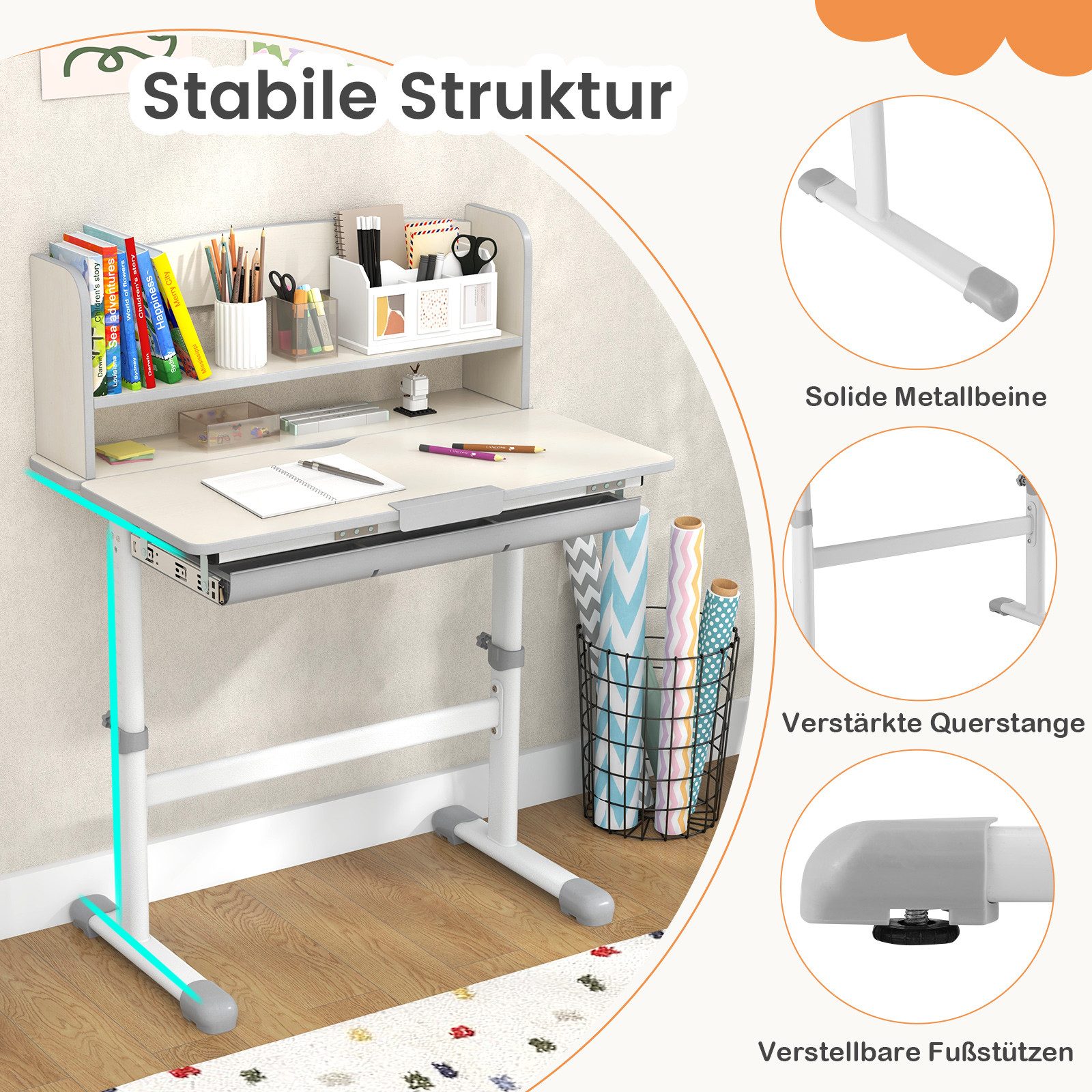 COSTWAY Kinderschreibtisch, höhenverstellbar, neigbarer mit Bücherregal, Sc günstig online kaufen