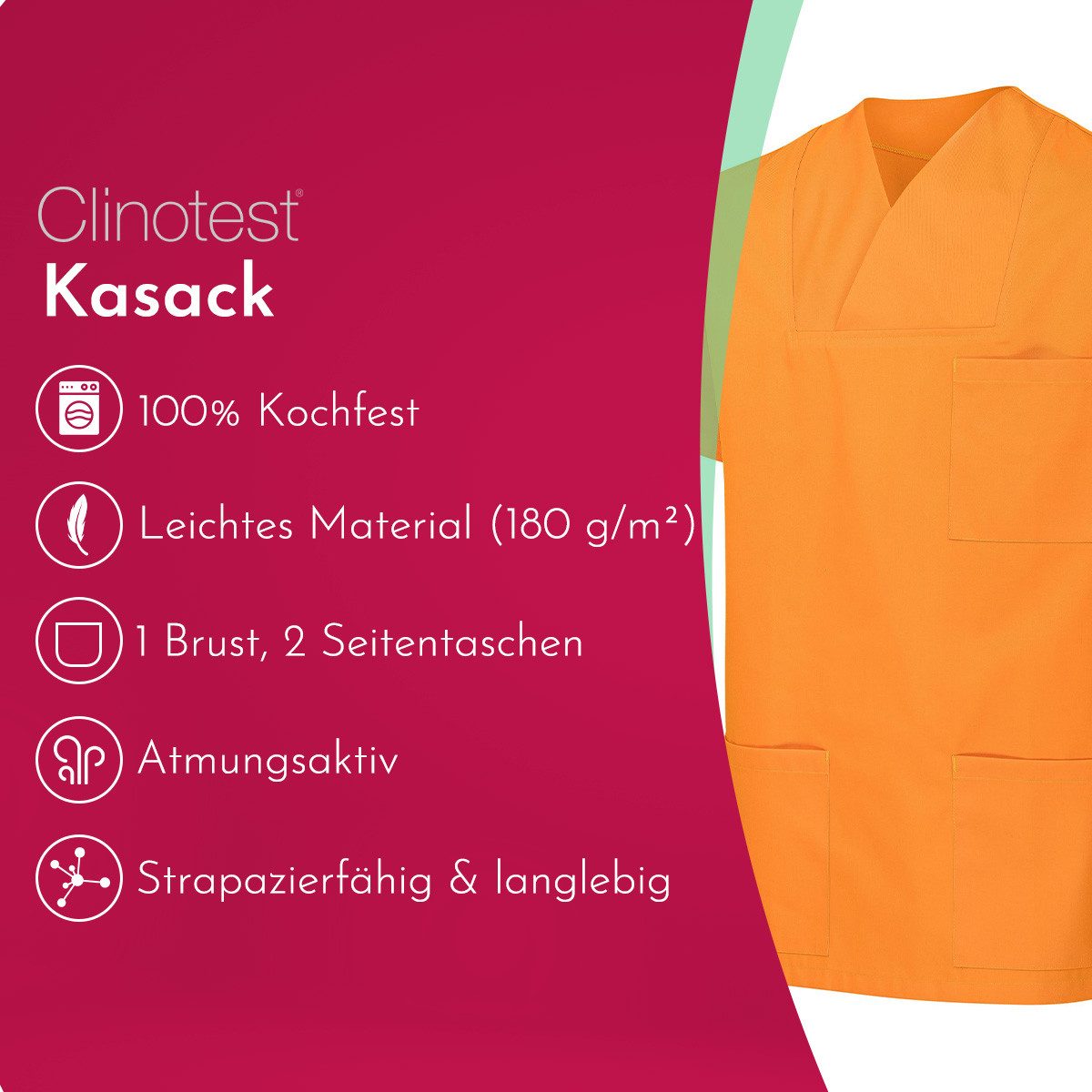 Clinotest Funktionsbluse Kasack Damen & Herren - 95 Grad waschbare, kochfest ohne einzulaufen (1-tlg) Schlupfkasack aus Baumwolle & Polyester - Berufsbekleidung – Bild 2 von 5