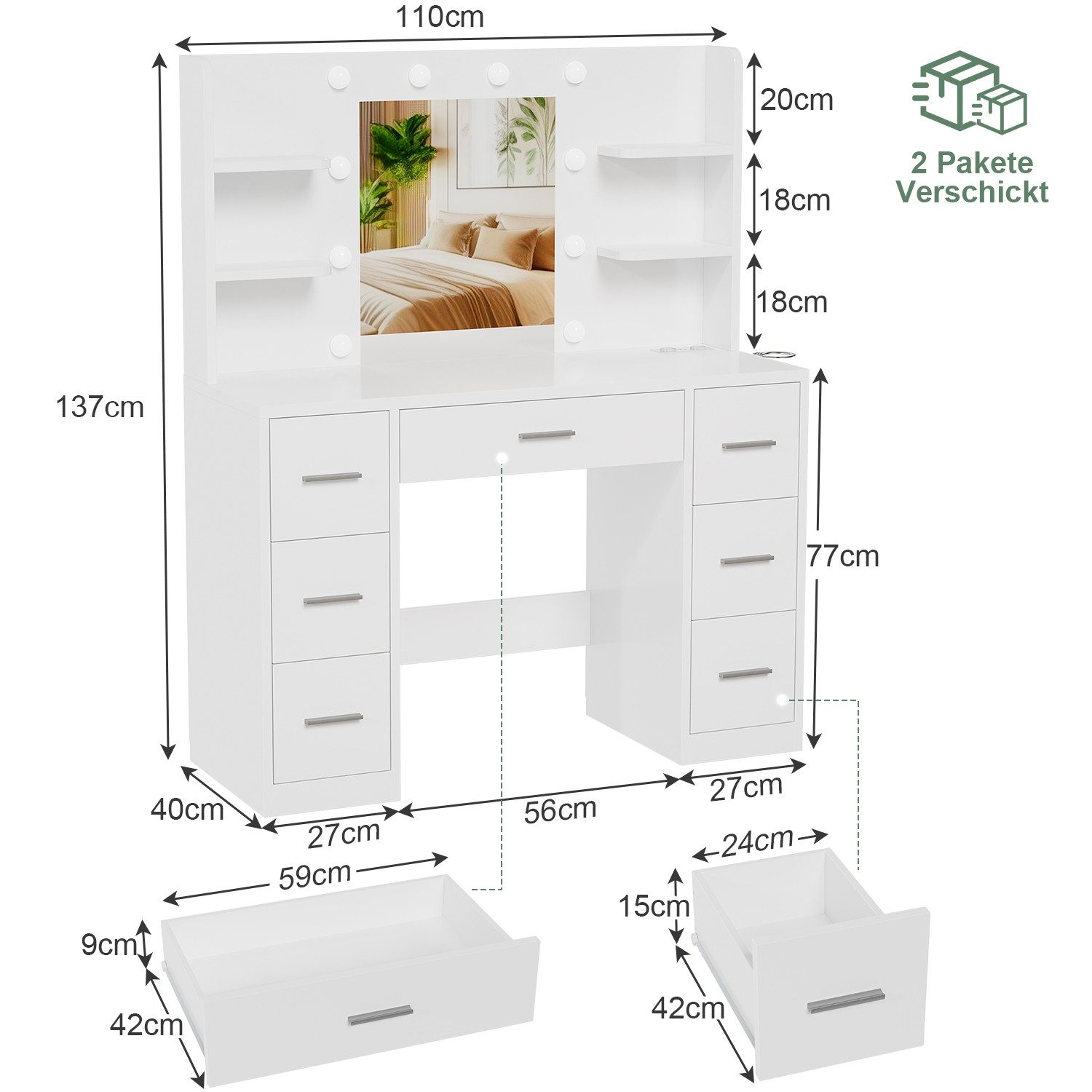HOMALL Schminktisch Mit 10 dimmbaren Glühbirnen 2 Steckdosen 2 USB-Anschlüsse (Extra großes Format 110*40*137 cm, 7 Schubladen, 4 Fächer, 1 Haartrocknerhalter)