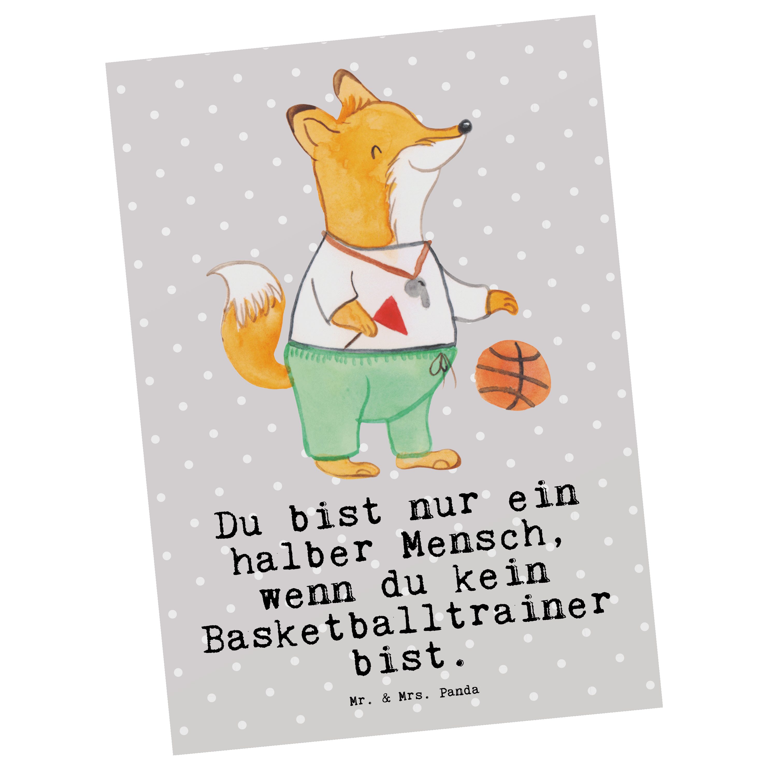 Mr. & Mrs. Panda Postkarte Basketballtrainer mit Herz - Grau Pastell - Geschenk, Einladungskarte