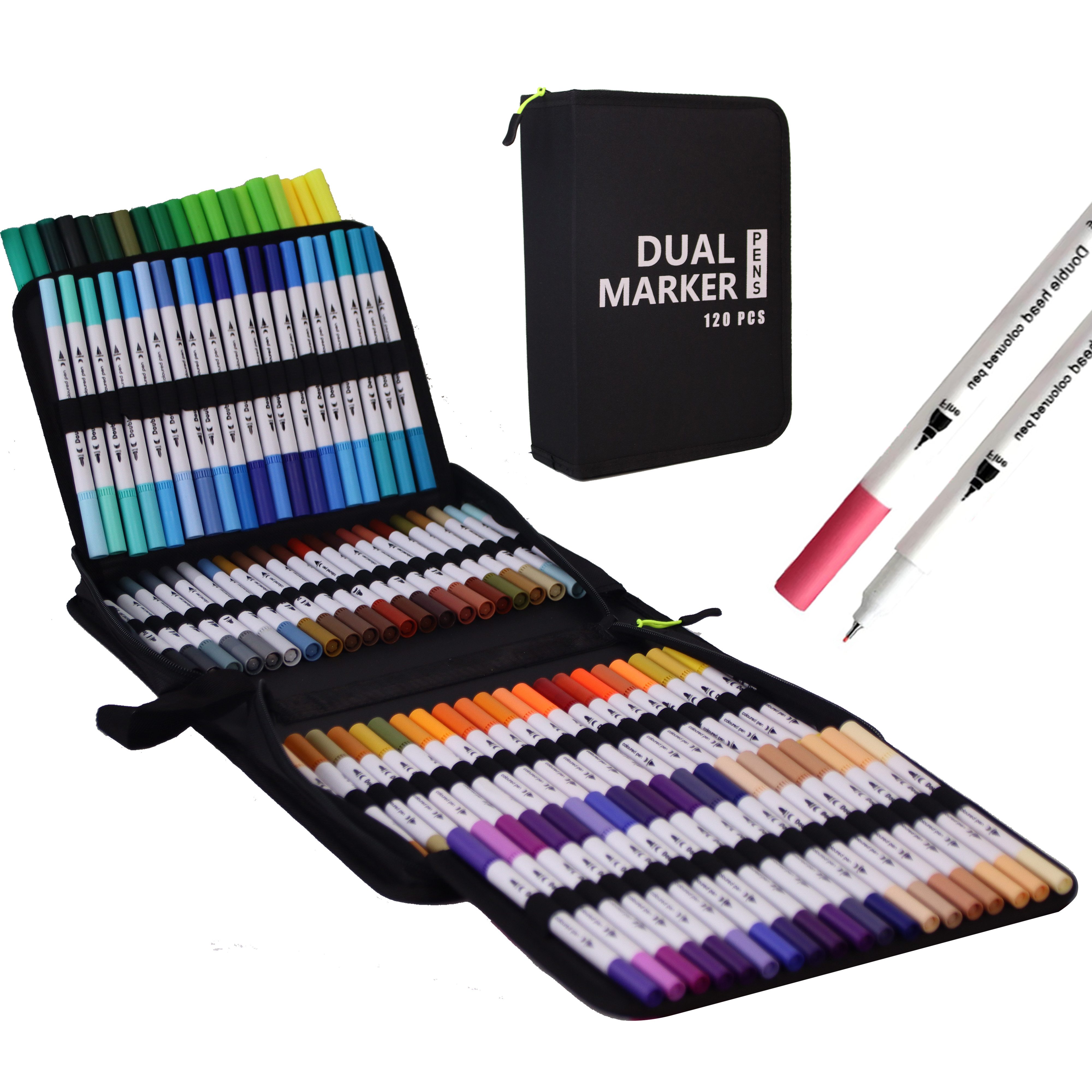 RWEUOQ Malstift 120 Farben Marker Set mit Doppeltipp, (Für Zeichnen, Malen & Kalligrafie, 120-tlg., Doppeltipp-Stifte mit Aufbewahrungstasche), Pinselstifte Permanentmarker Filzstift, Handlettering