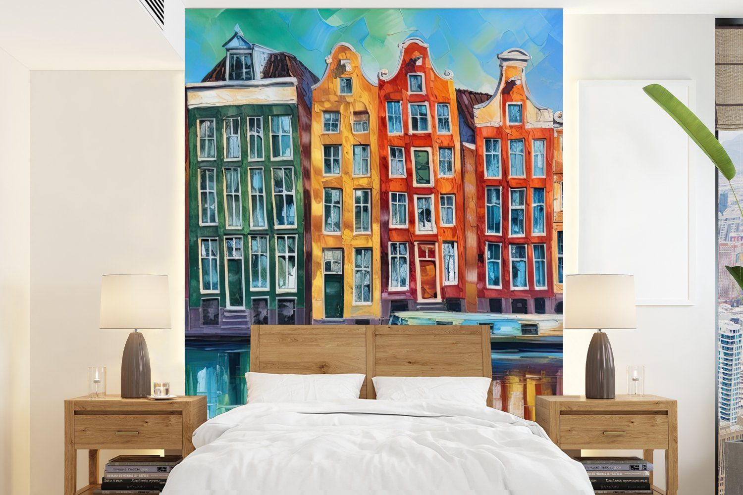 - Gracht - (4 bedruckt, Matt, St), MuchoWow Fototapete Tapete Amsterdam Ölgemälde - Wandtapete Gemälde Montagefertig Kunst, für Wohnzimmer, Vinyl -