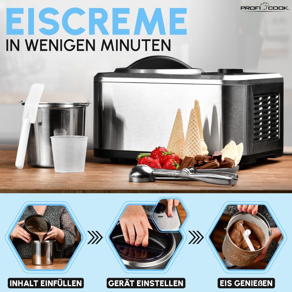 ProfiCook Eismaschine PC-ICM 1268, Eismaschine und Joghurtbereiter, Eis in 20 min.