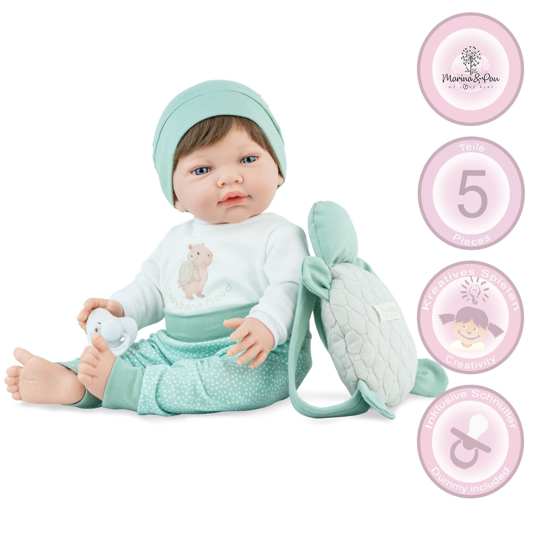 Marina & Pau Anziehpuppe Puppe Mila 42 cm mit Rucksack & Schnuller