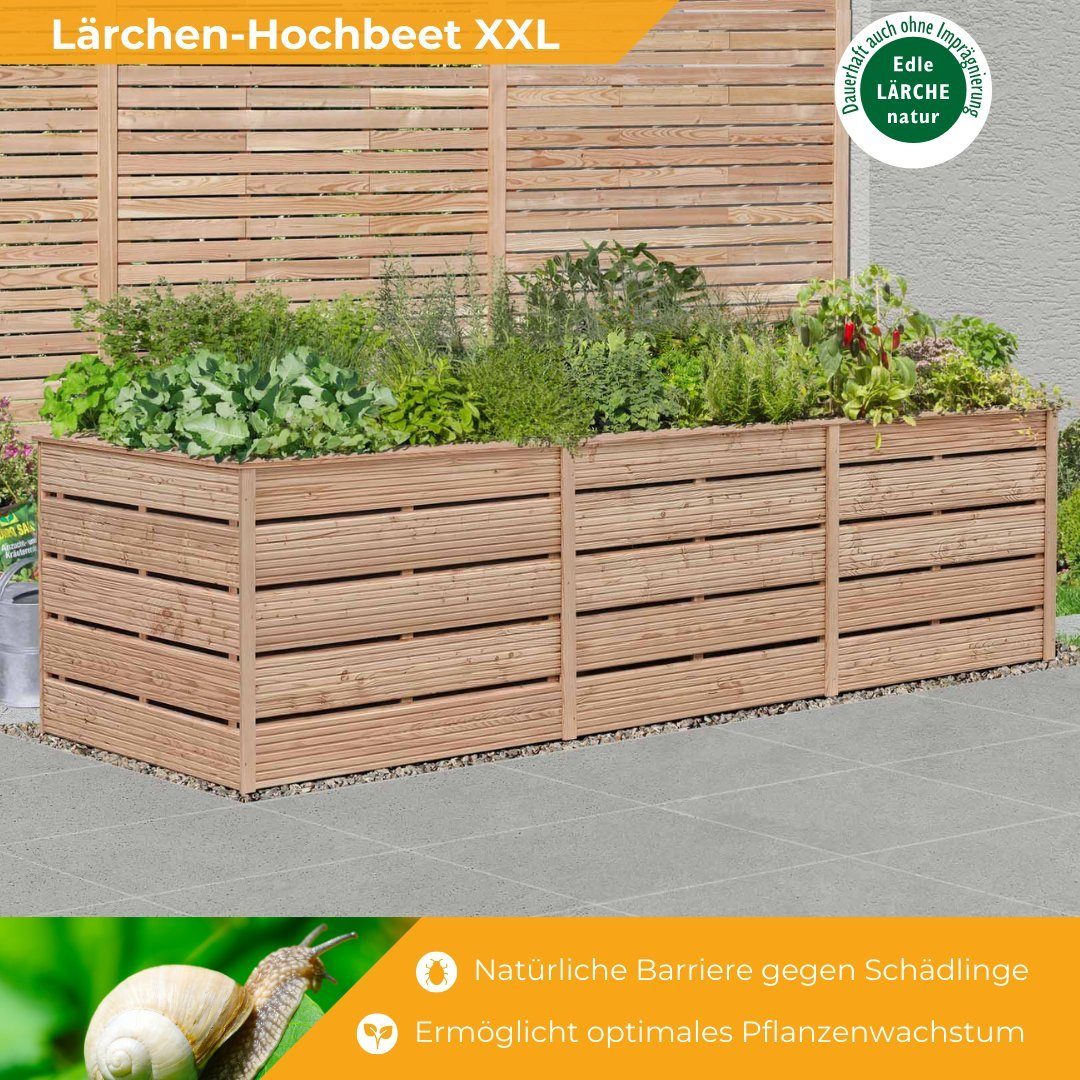 Mega-Holz Hochbeet Kräuterbeet "JUNA" XXL aus Lärchenholz 306x103x80 cm, Holz Pflanzkübel, Gartenbeet aus Lärche inkl. Pflanzvlies Wetterfest