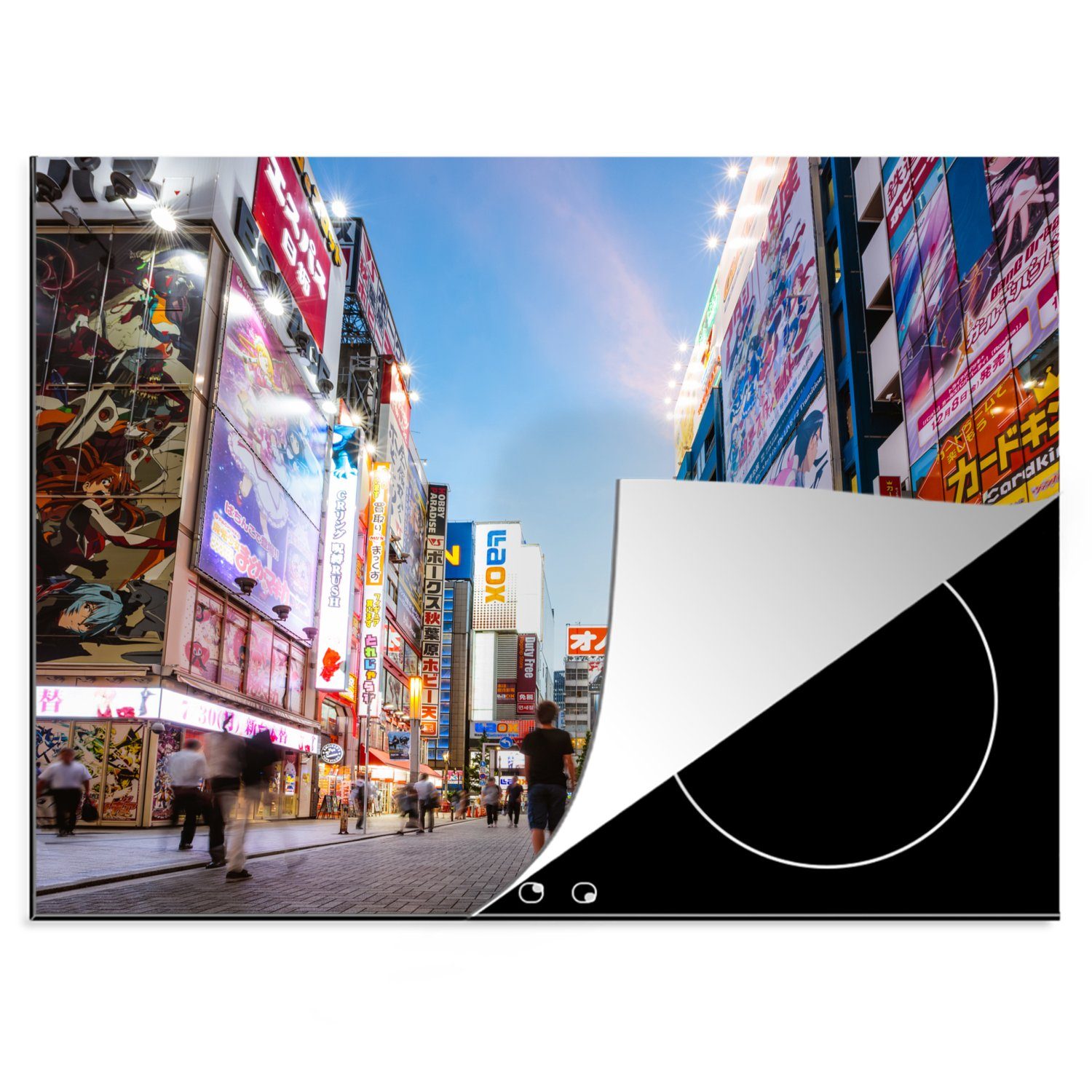 MuchoWow Herdblende-/Abdeckplatte Menschen laufen durch das Elektronikviertel von Tokio in Japan, Vinyl, (1 tlg), 70x52 cm, Mobile Arbeitsfläche nutzbar, Ceranfeldabdeckung
