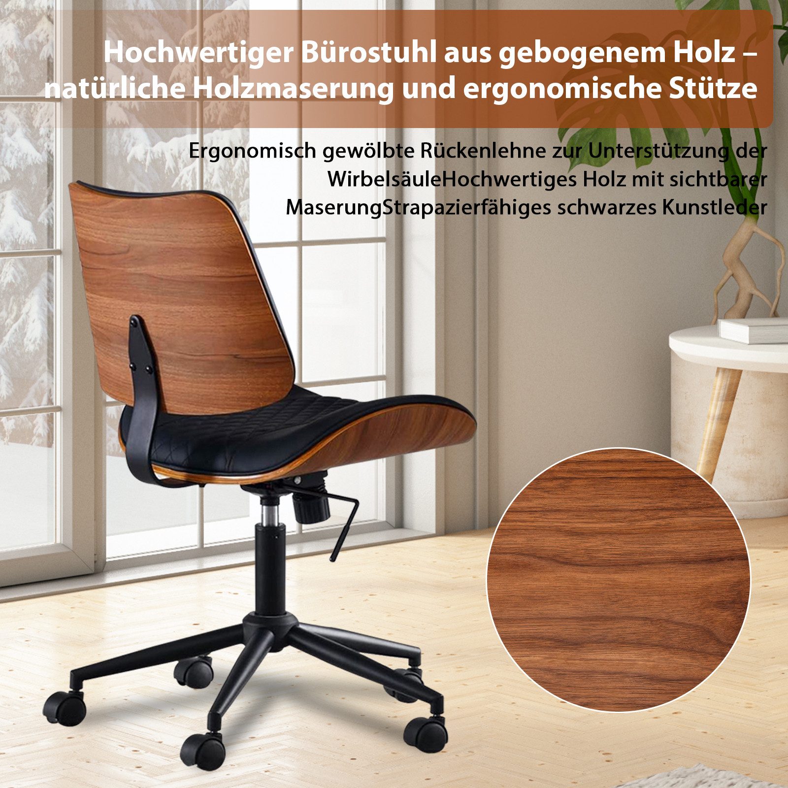 Hoolamyie Schreibtischstuhl, Bürostuhl, PU-Kunstleder mit Holzoptik, 360° drehbar (Drehstuhl – 360° drehbar, höhenverstellbar, Kunstleder,Einzelstuhl, höhenverstellbar, PU-Kunstleder), 360° drehbar, höhenverstellbar, PU-Kunstleder, Rollen