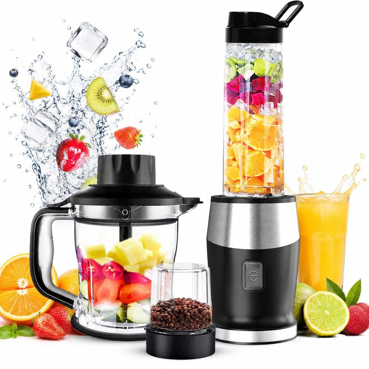 Fofile Standmixer 3-in-1 Mixer Smoothie Maker Zerkleinerer & Mühle mit Tragbarer Becher, 700 W, 24.000 U/min, 4 scharfen Edelstahlmessern, Ein-Knopf-Bedienung