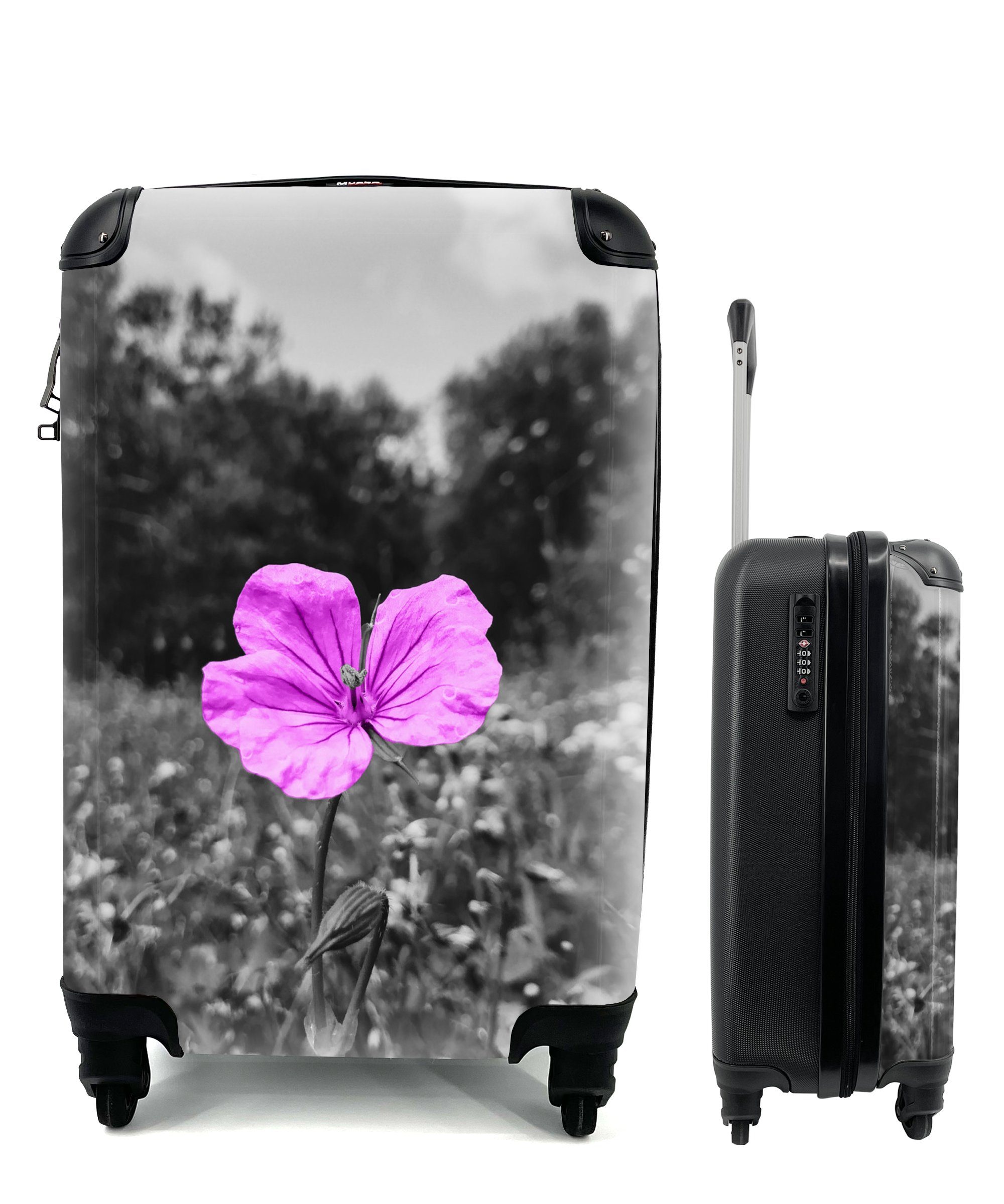 MuchoWow Handgepäckkoffer Blumen - Flieder - Schwarz - Weiß, 4 Rollen, Reisetasche mit rollen, Handgepäck für Ferien, Trolley, Reisekoffer