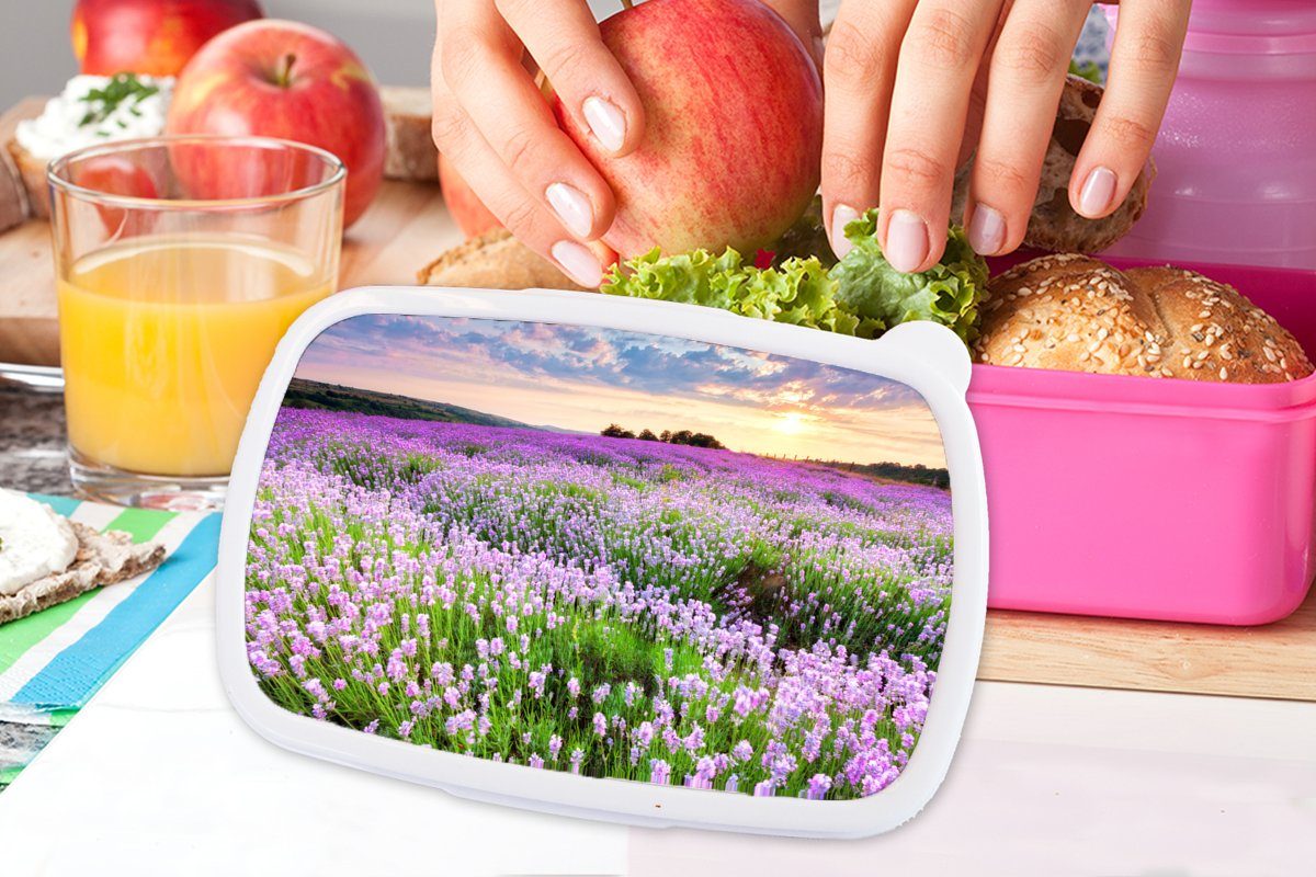 Mädchen, Kinder, rosa Sonnenuntergang (2-tlg), MuchoWow Lila für Blumen Wiese, Brotbox Snackbox, Lunchbox - Brotdose Erwachsene, Kunststoff - Lavendel Kunststoff, - -