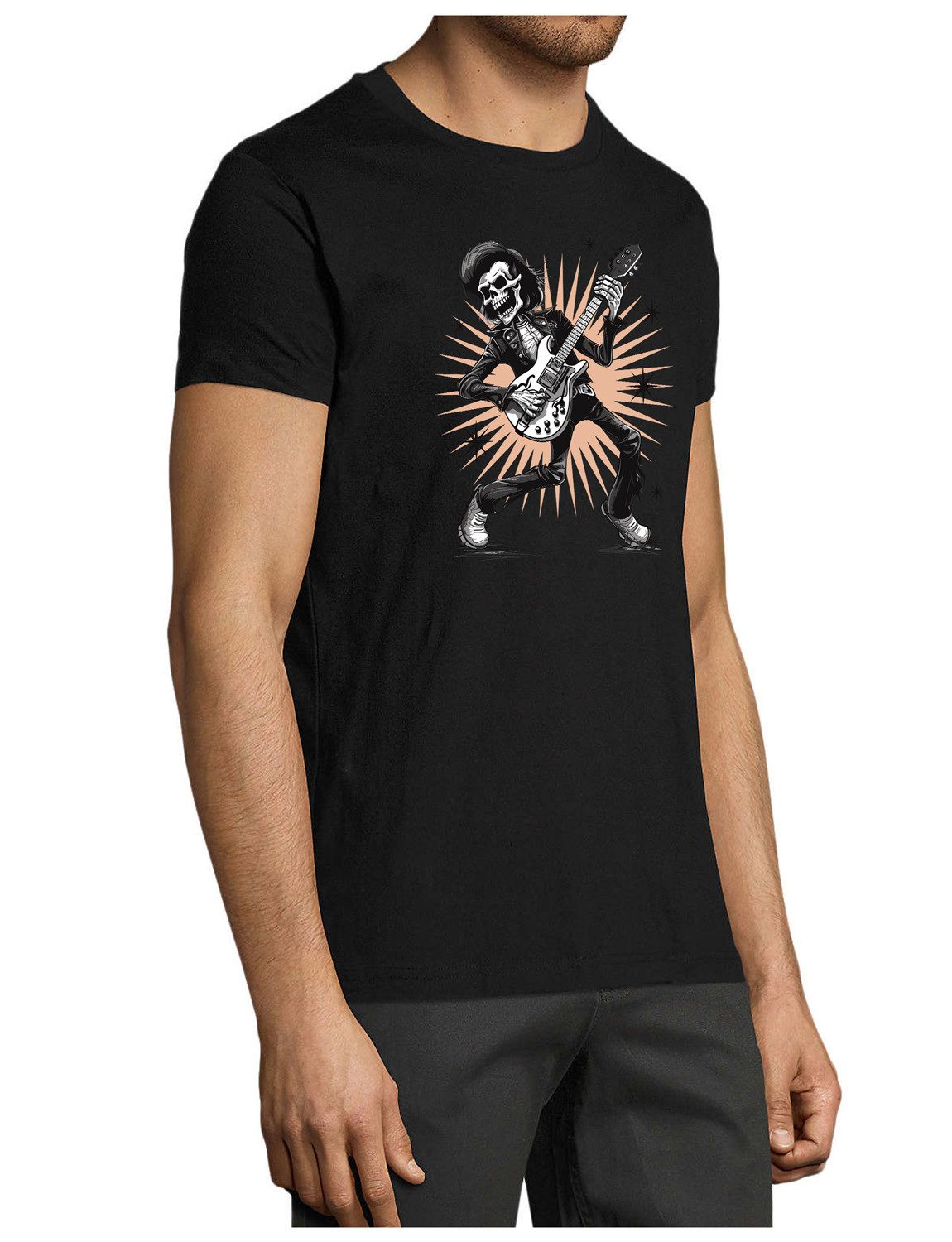 MyDesign24 T-Shirt Herren Print Shirt - Skelett-Rocker Brustprint Baumwollshirt „Rock´n´Roll Skelett Gitarrist“ Regular Fit i369