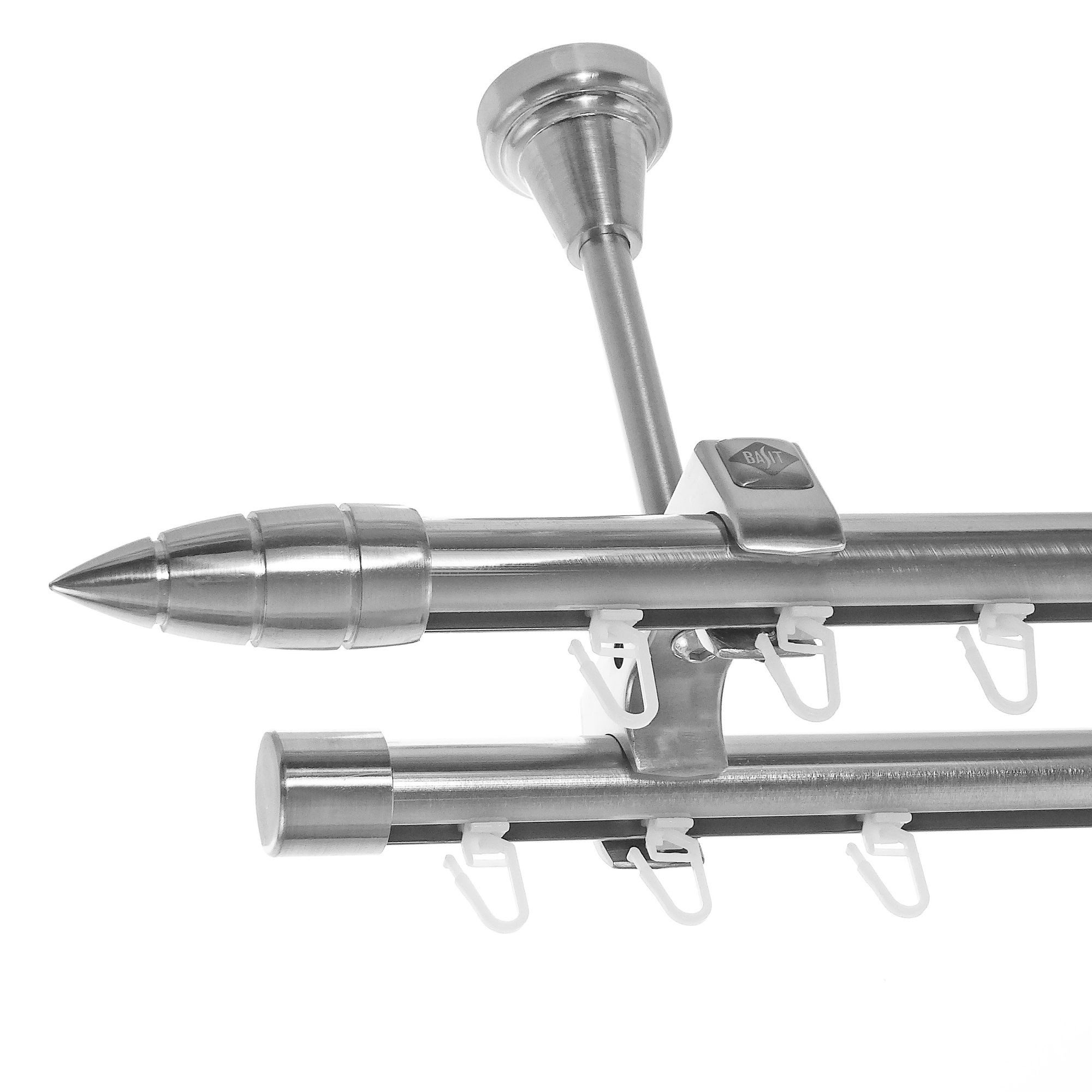BASIT Gardinenstange Innenlauf Edelstahloptik 20mm mit Deckenträgern 360 cm E81, Ø 20 mm, 2-läufig, verschraubt, Aluminium, D61II 360 cm E81 Spitze mit Rillen